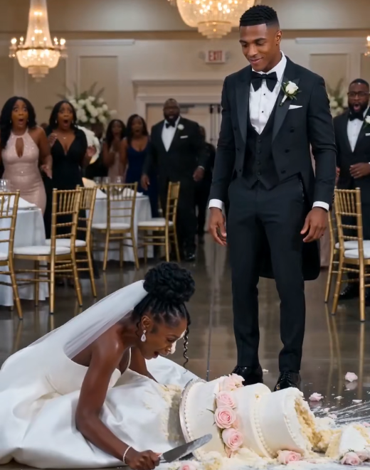 At the wedding, while my husband and I were cutting the cake, he suddenly pushed me from behind