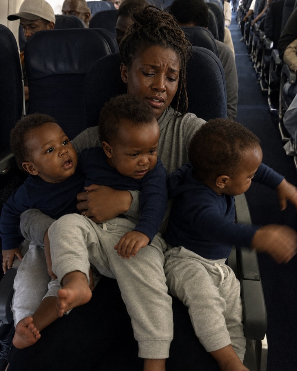 My husband booked himself a business-class seat and sent me to economy with our triplets — 10 minutes after takeoff, he came rushing back, white as a sheet, and hissed, "How could you do this to me?"