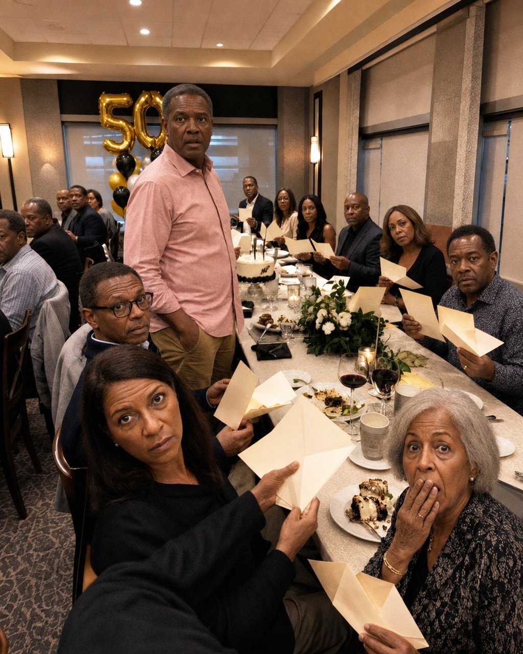 At my husband's 50th birthday party, he personally handed every guest an envelope EXCEPT ME—when they opened them, every face in the room turned toward me in shock.