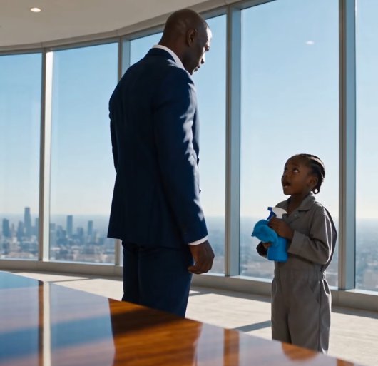 The little girl stood alone in the center of the luxury office, holding a cleaning bottle in one hand and a blue cloth in the other.