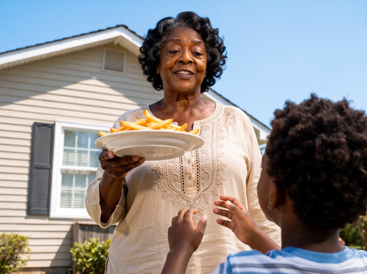 Margaret raised the plate of fries above Dany's head when my four-year-old reached for one.