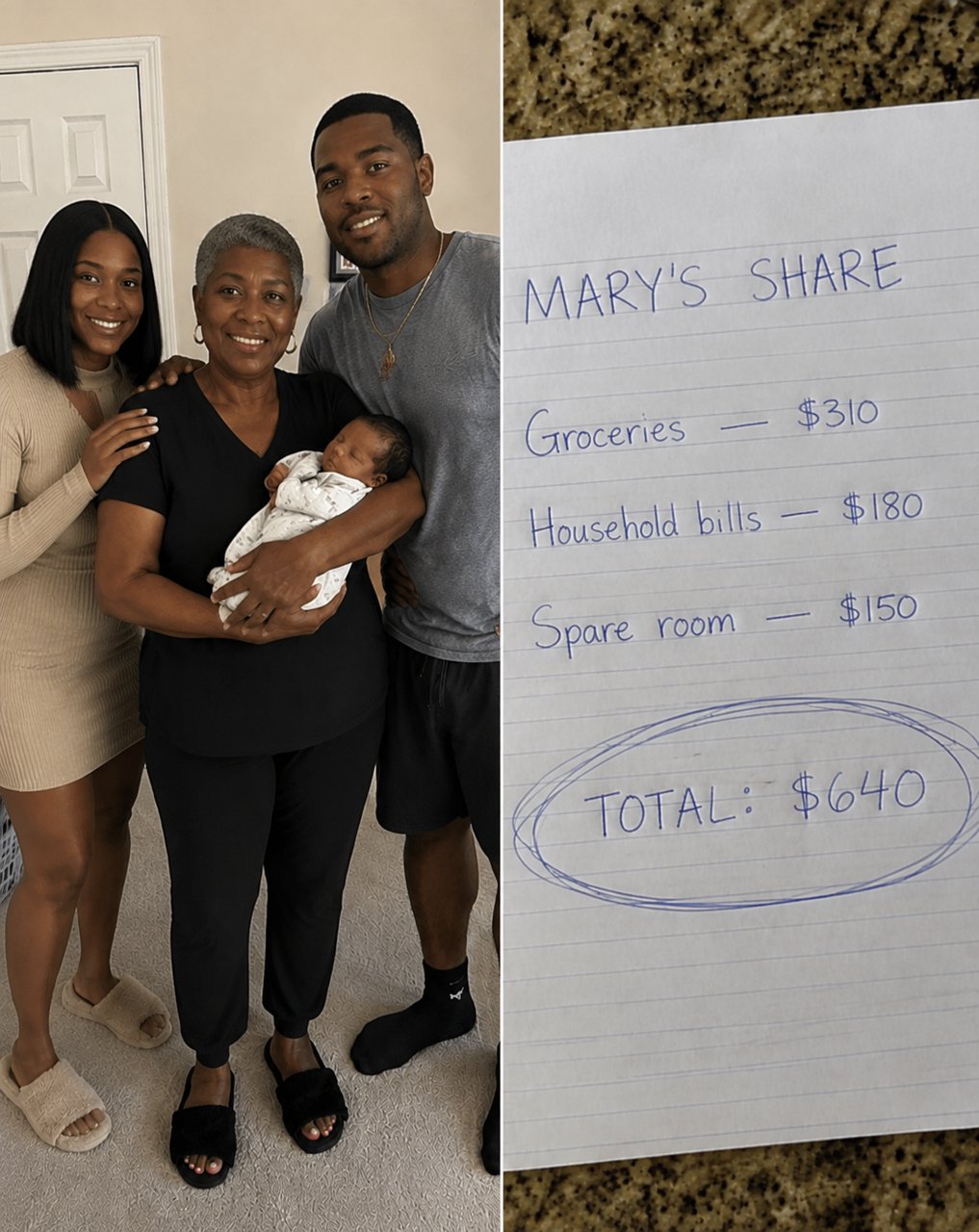 After I spent two weeks helping with my newborn grandchild, my son-in-law charged me $640 for staying in his house.