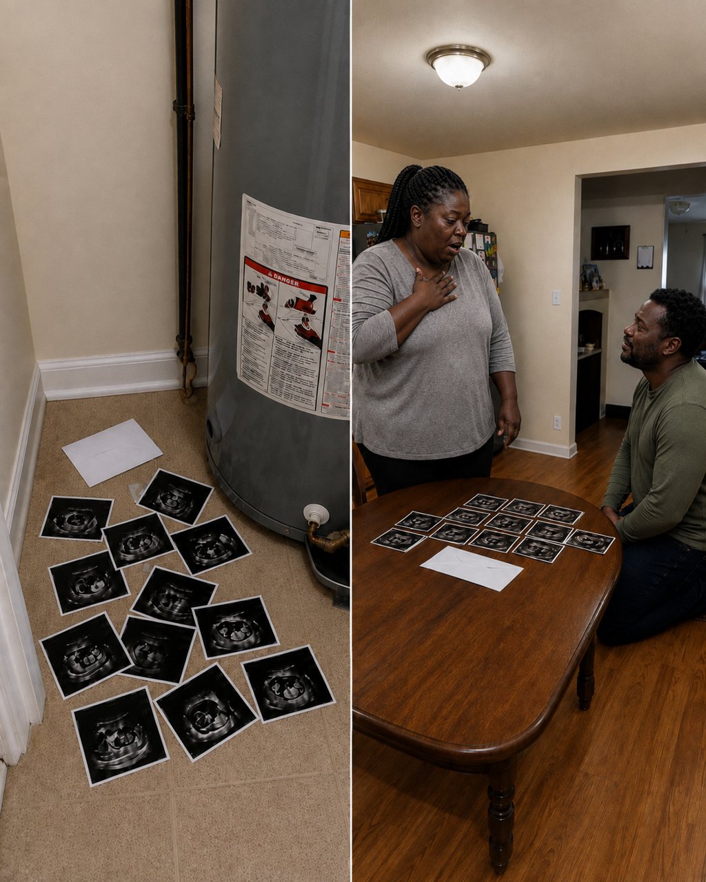 My husband and I can't have children, so finding 12 ultrasound photos hidden beside our water heater made my bl00d run cold—then he dropped to his knees and said, "I made your mom a promise."
