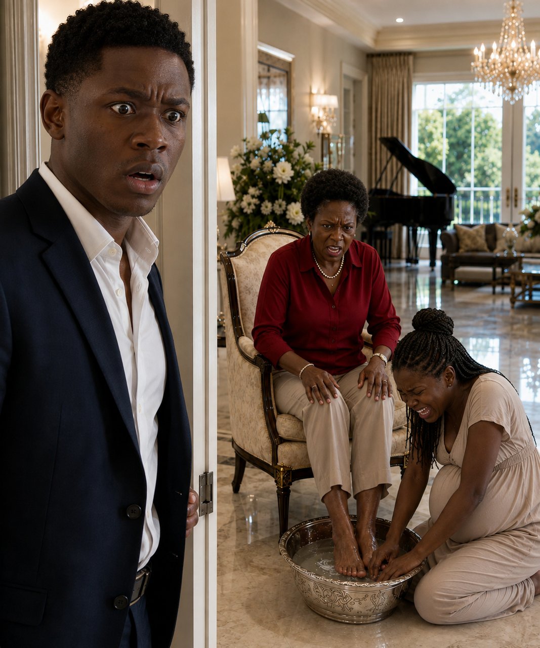 I came home earlier than expected and found my wife, eight months pregnant, kneeling on the marble floor, weeping uncontrollably as my mother asked her to wash her feet.
