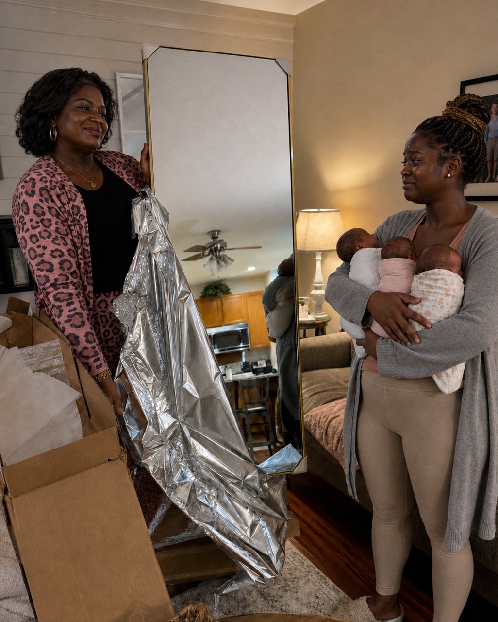 After I gave birth to triplets, my MIL gifted me a full-length mirror to "motivate me to get back in shape faster"—what my husband handed her next made her jaw drop.