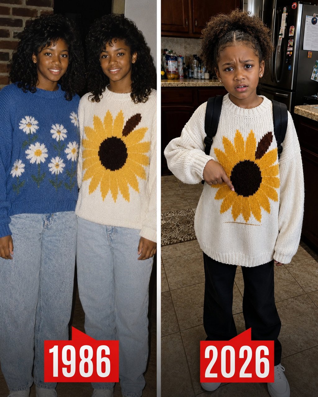 My twin sister vanished in her sunflower sweater on our 16th birthday — 40 years later, my granddaughter came home wearing it and said, "Our school cleaning lady gave it to me."