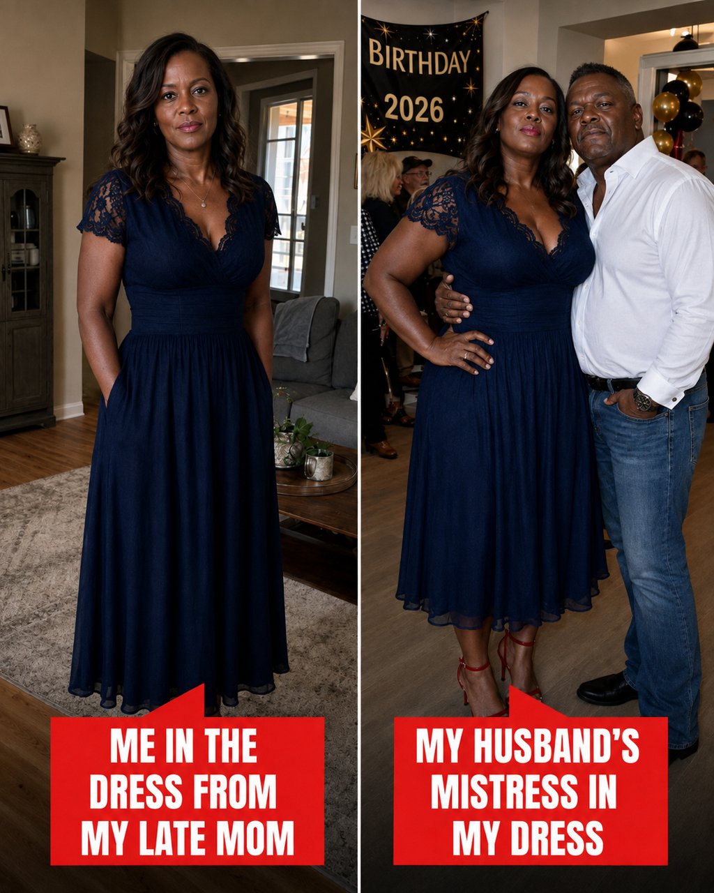 My cheating husband kicked me out without letting me take my clothes—weeks later, his mistress wore my late mom's dress to a party, but when I told her, "Check the pocket," she went pale.