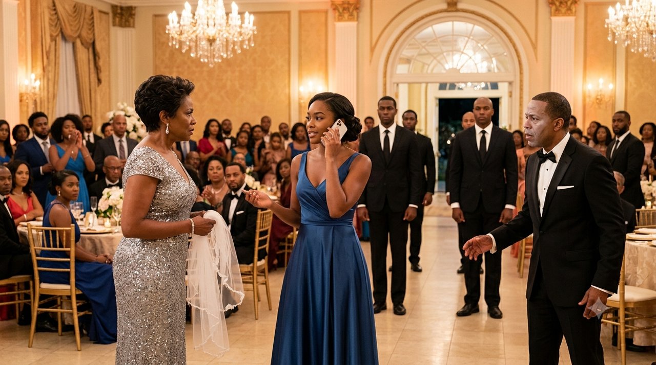 Crystal chandeliers shimmered above a room frozen in disbelief, champagne glasses suspended mid-air, smiles erased in an instant.