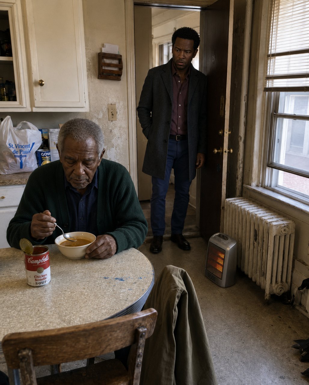 On Father's Day, my millionaire son stepped into my freezing Chicago apartment, noticed the can of soup on my kitchen table, and asked a question that made everything stop.