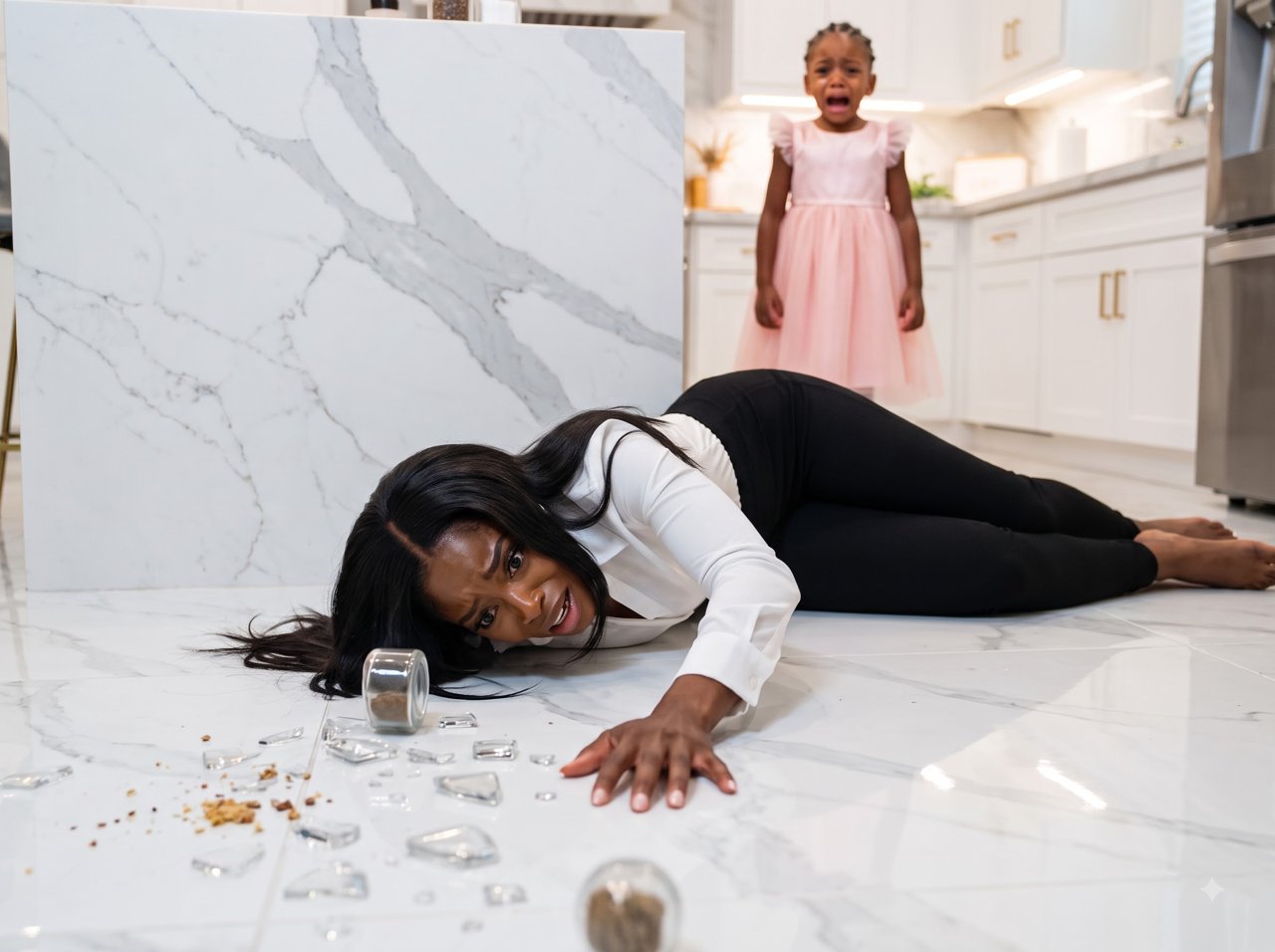 David shoved me with such force that my back struck the kitchen island before my right leg collapsed beneath me.