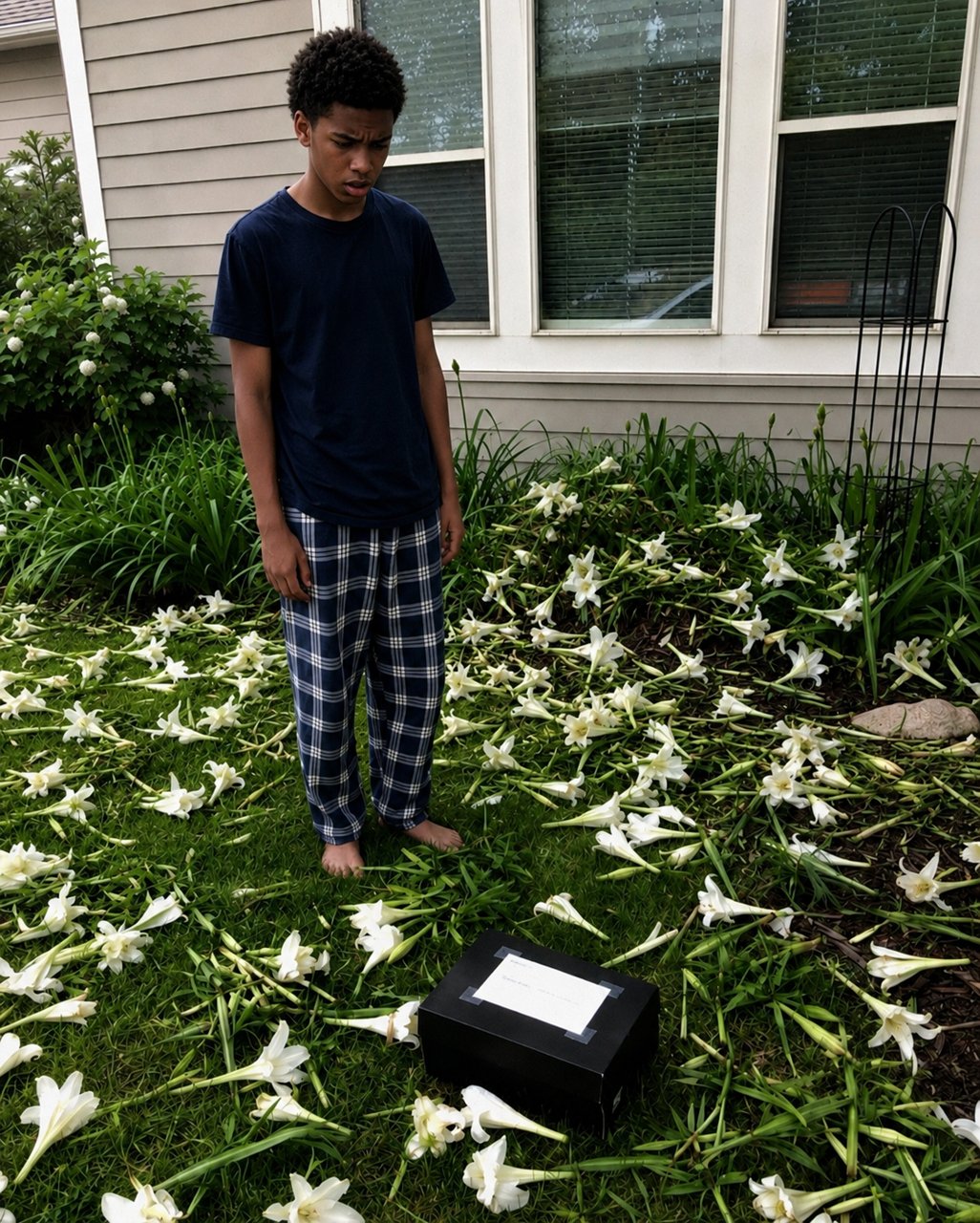 My surviving twin son planted lilies every year for the sister he lost at birth—on their 15th birthday, we found every flower cut down and a black box in the middle.