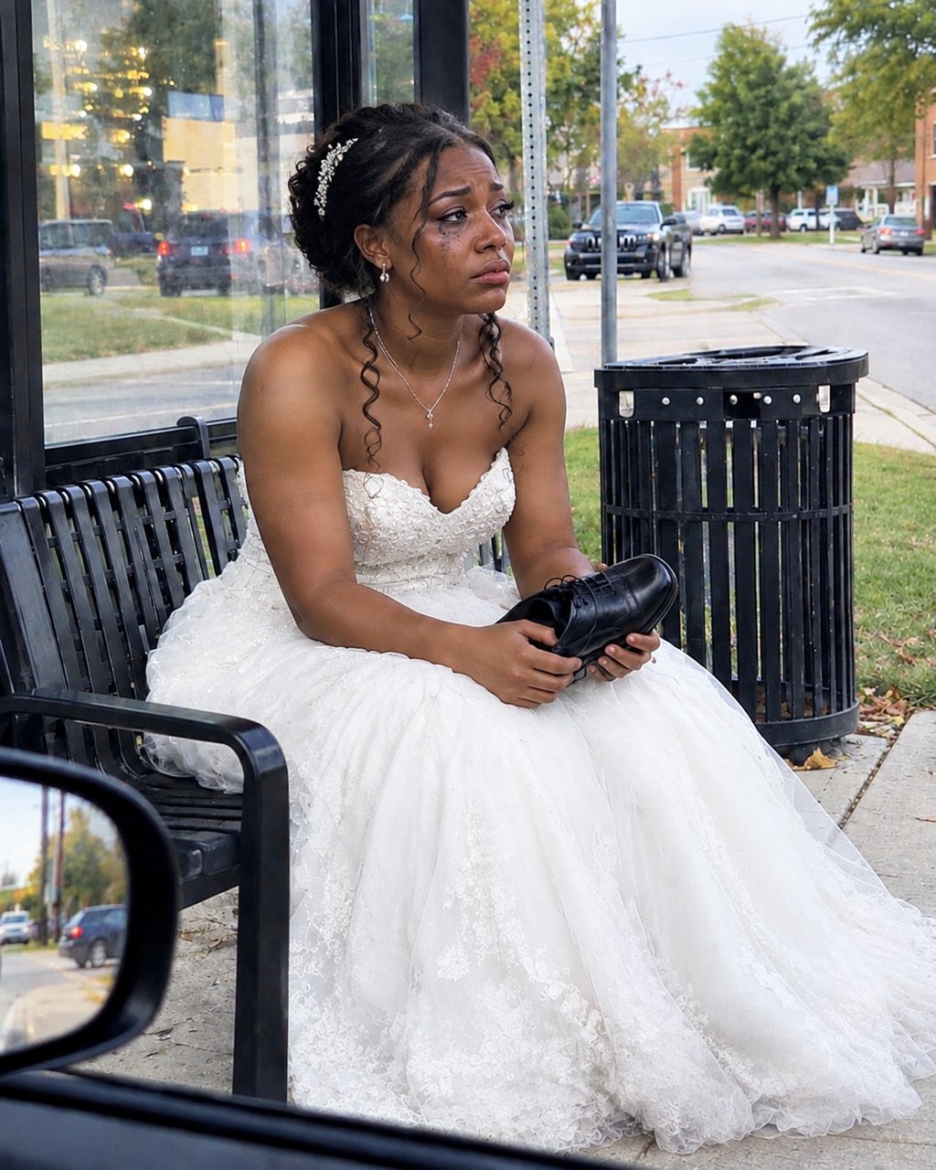 I found my younger sister sitting alone at a bus stop in her wedding dress, holding just one man's dress shoe — when I asked where her husband was, she burst into tears.