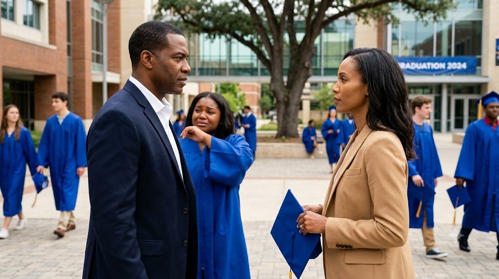 Cruel stepmother forcefully rips blue graduation cap away from heartbroken teenage girl.