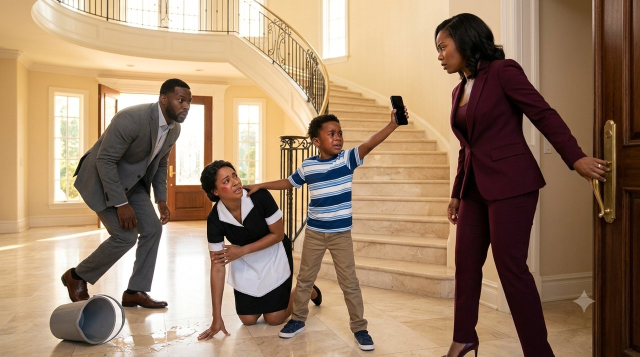 Seven-year-old Noah stood halfway down the grand staircase, gripping a black smartphone with both hands.