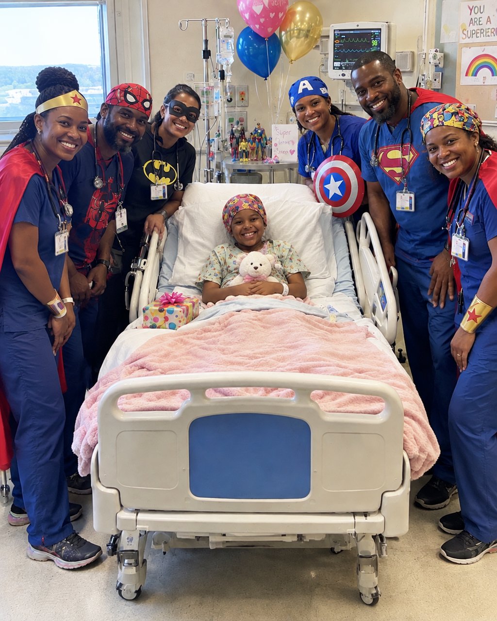 Every doctor treating my 7-year-old daughter for cancer dressed up as superheroes for her birthday — she was already crying with joy when her oncologist knelt down and said, "There's one part of today your mom doesn't know about either."