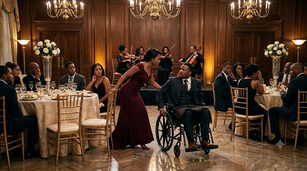 Claire Beaumont seized the handle of Adrian Cole's wheelchair hard enough to make the leather creak, spun him away from the banquet table, and said, "Roll yourself out.