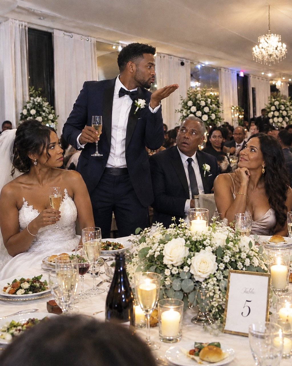 My groom raised his first toast to his ex-wife and blew her a kiss because "she taught him how to love"—I was still holding my untouched champagne when my father stepped toward the DJ booth.