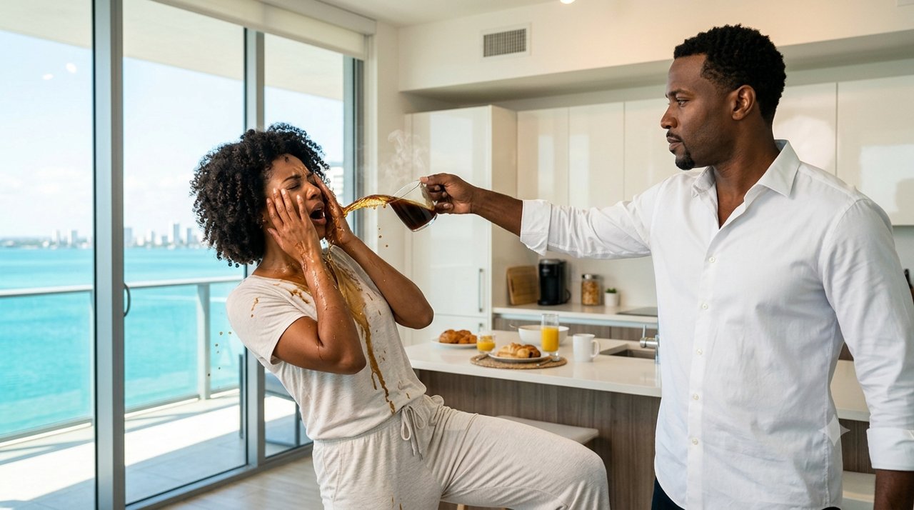 He threw boiling coffee in my face at breakfast because I refused to hand my bank card to his sister.