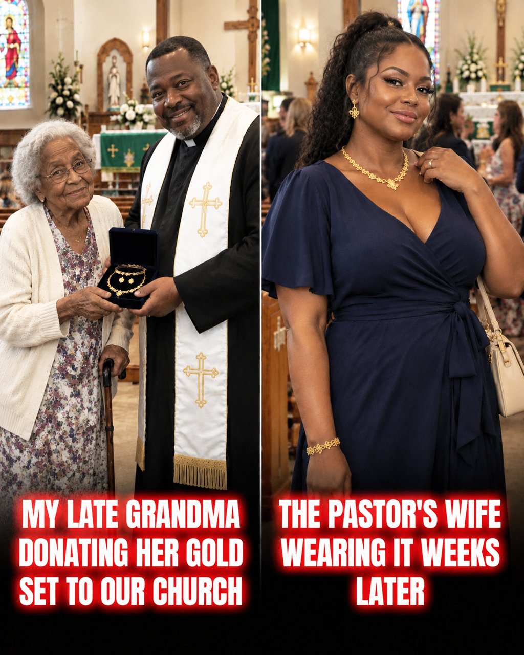 My grandma donated her gold jewelry to our church before she d*ed — a week later, I saw it on the pastor's wife, and what I did next wiped the smiles off both their faces.