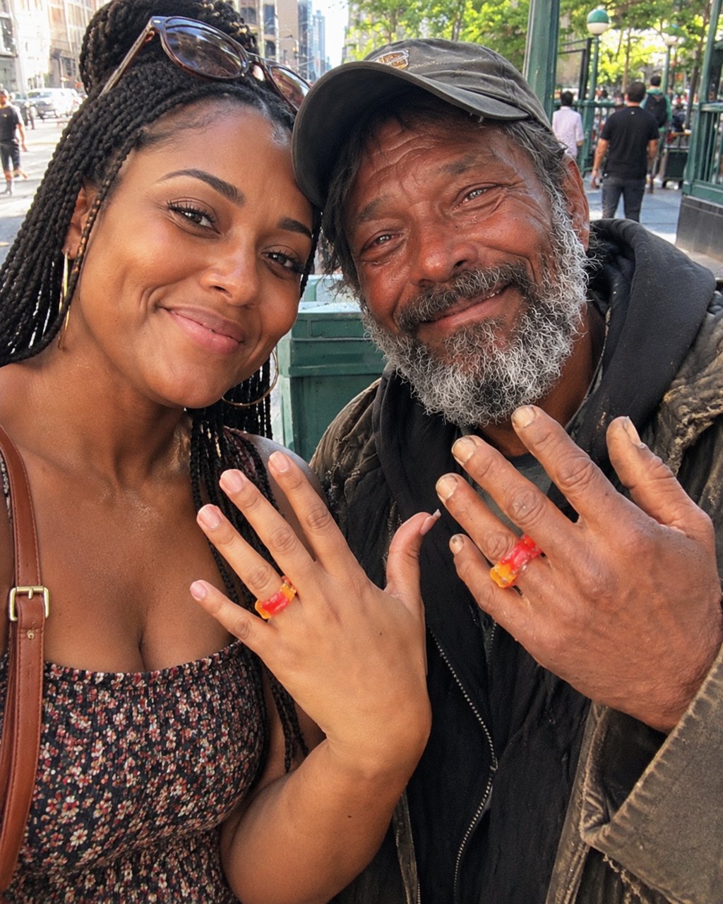 A homeless man held up a sign that read, "Marry me.