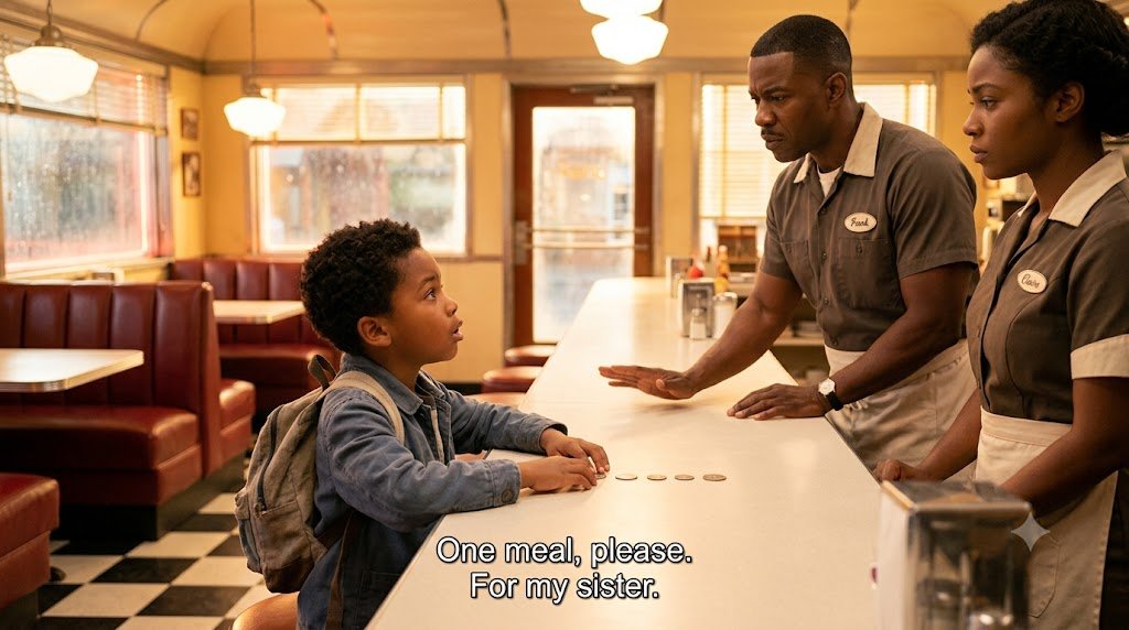 A young boy, Leo, stepped into a quiet diner late at night wearing a worn blue jacket.