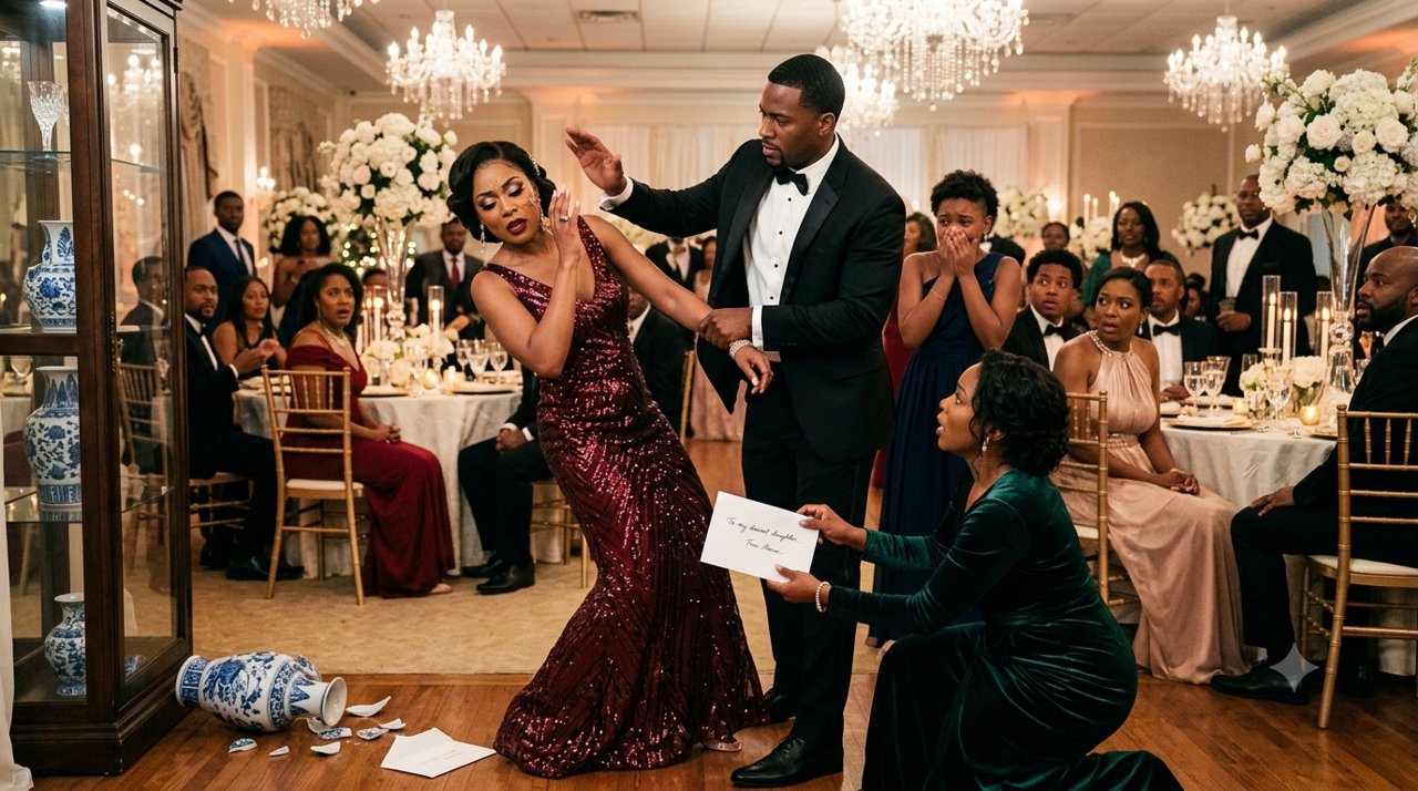 Maisie accidentally bumps an expensive blue-and-white antique vase beside the wedding table.