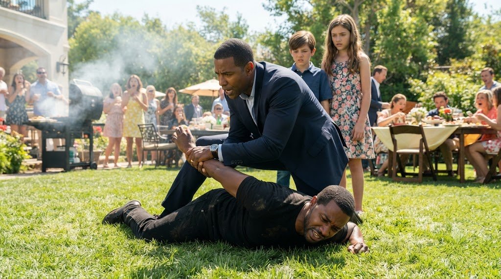 Javier already has Leo face-down on the lawn, pinning him with one knee pressed against his back.