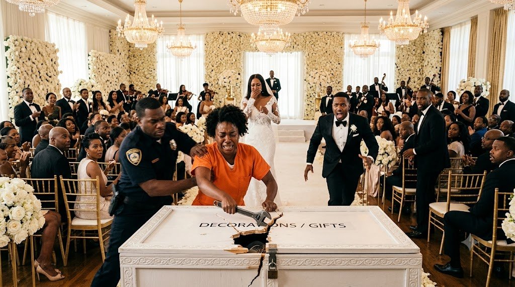The wedding guests screamed when a woman in an orange prison uniform burst into the ballroom.