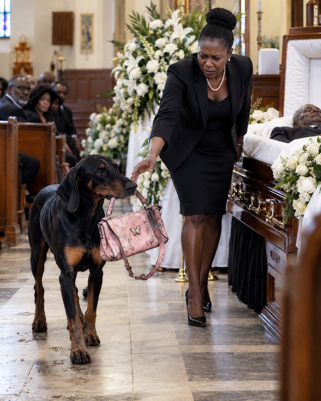 My sister refused to let Dad's Doberman attend his funeral — halfway through the service, he walked in carrying her old pink purse, and what was inside made everyone gasp.