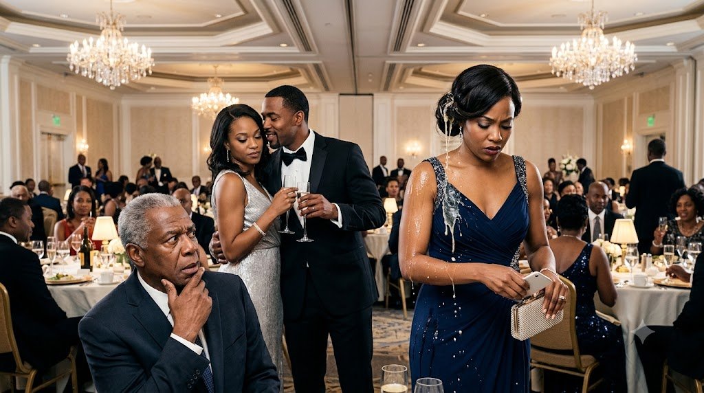 At his promotion gala, my husband angrily splashed champagne across my dress.