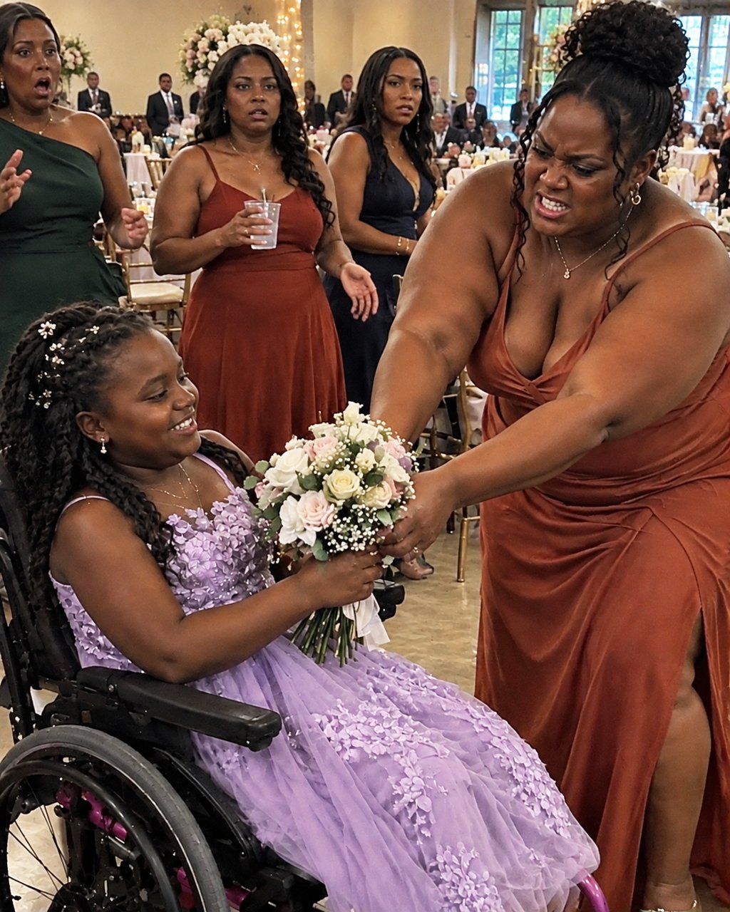 My sister ripped the bridal bouquet from my 10-year-old daughter's hands and told her she'd "never get married" — what my girl did next made the entire room rise to its feet and applaud.