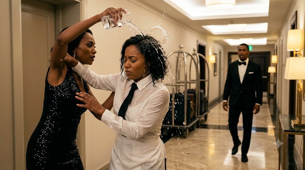 My wife had a hotel cleaner by the collar when I reached the service corridor, and before I could stop her, she poured a cup of water over the woman's head.