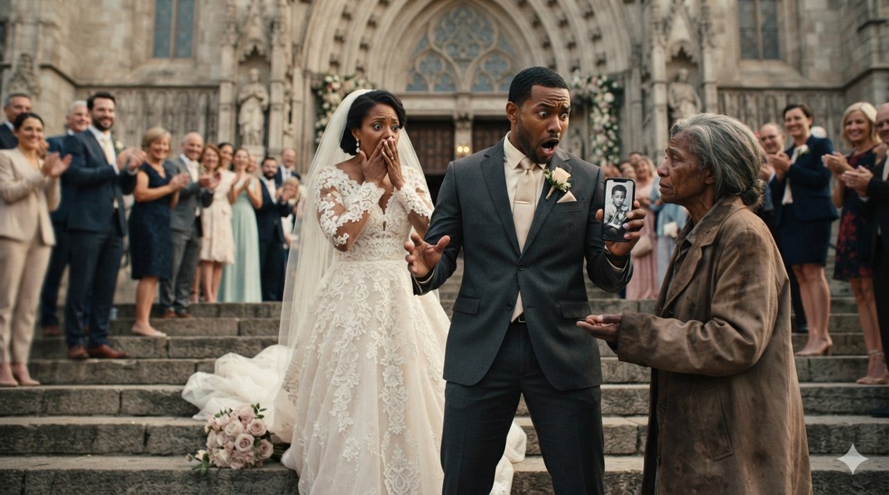The bride and groom were halfway down the church steps when the woman stepped in front of them.