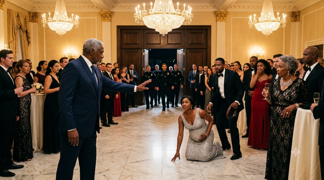 She was seven months pregnant, kneeling on cold marble in the middle of a five-hundred-guest gala, while her own husband raised a leather belt above her back.