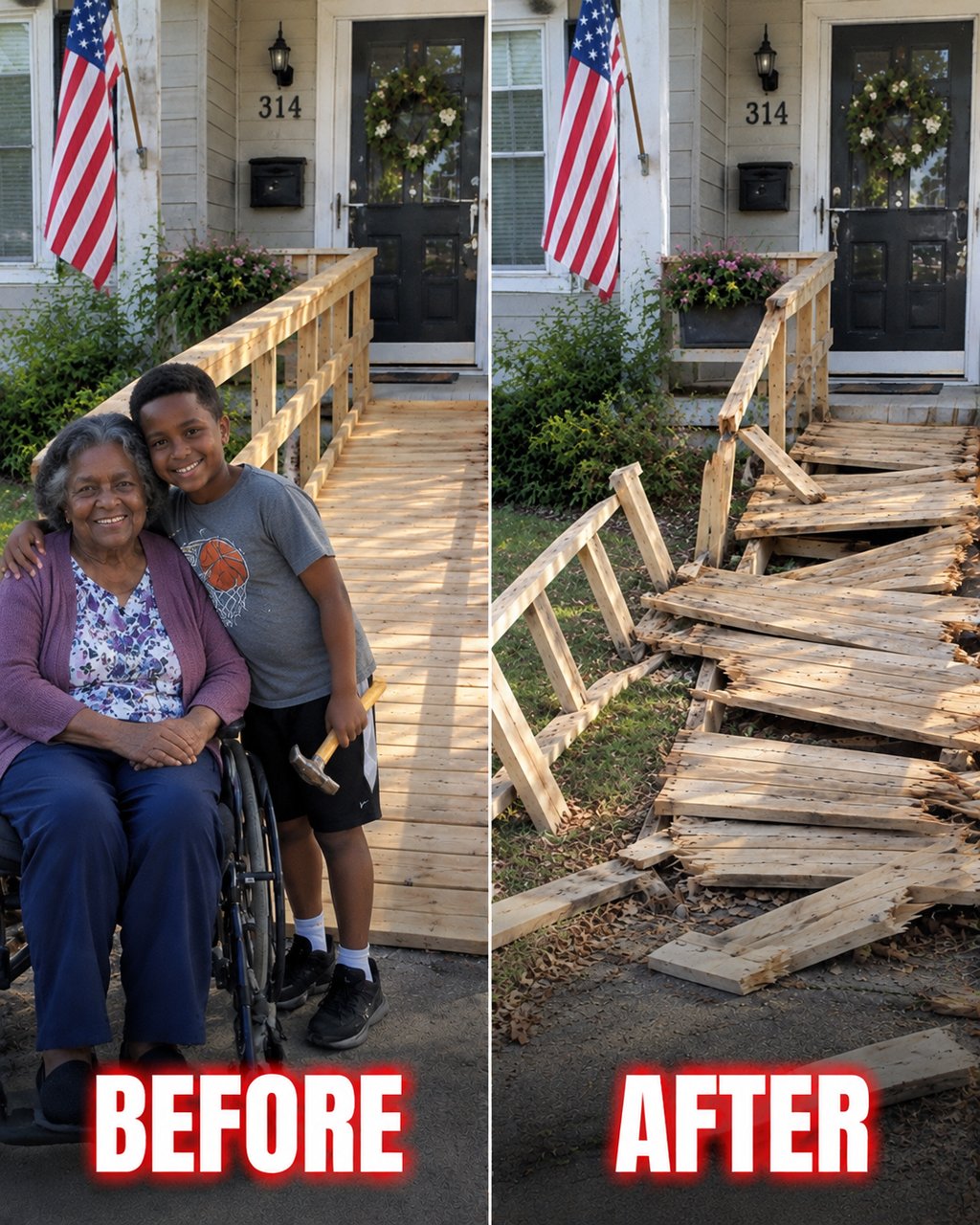 My entitled realtor neighbor sm@shed the wheelchair ramp my 9-year-old son built for our elderly neighbor—the next morning, 3 black SUVs arrived and a man in a suit handed her something that made her go pale.
