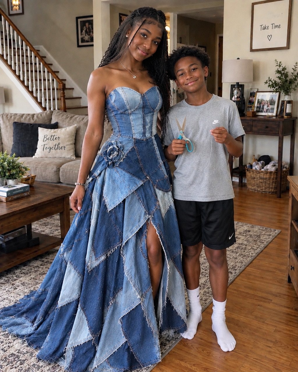 My stepmom mocked the prom dress my little brother made from our late mom's old jeans—but karma was already waiting for her.