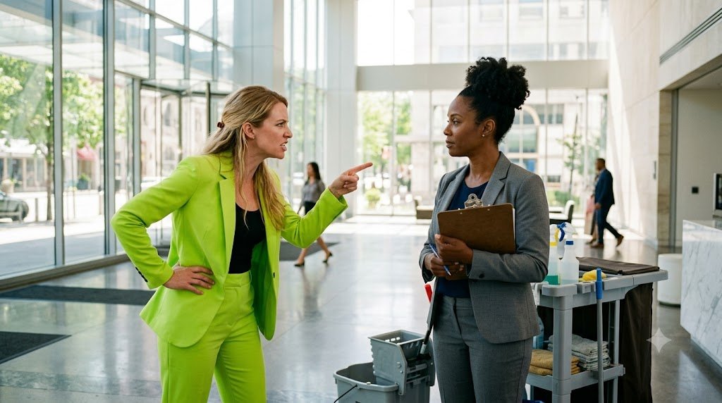 "I was mistaken for a janitor in my own lobby, told to get on my knees and clean, and I let it happen for exactly ninety seconds.