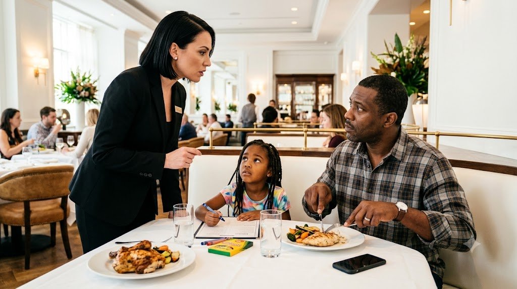 I was calmly cutting my daughter's chicken when the manager paused beside our table and sneered, "People like you don't belong in this section." My little girl turned to me and whispered, "Daddy, did we do something wrong?" I kept my composure—even when she summoned security.