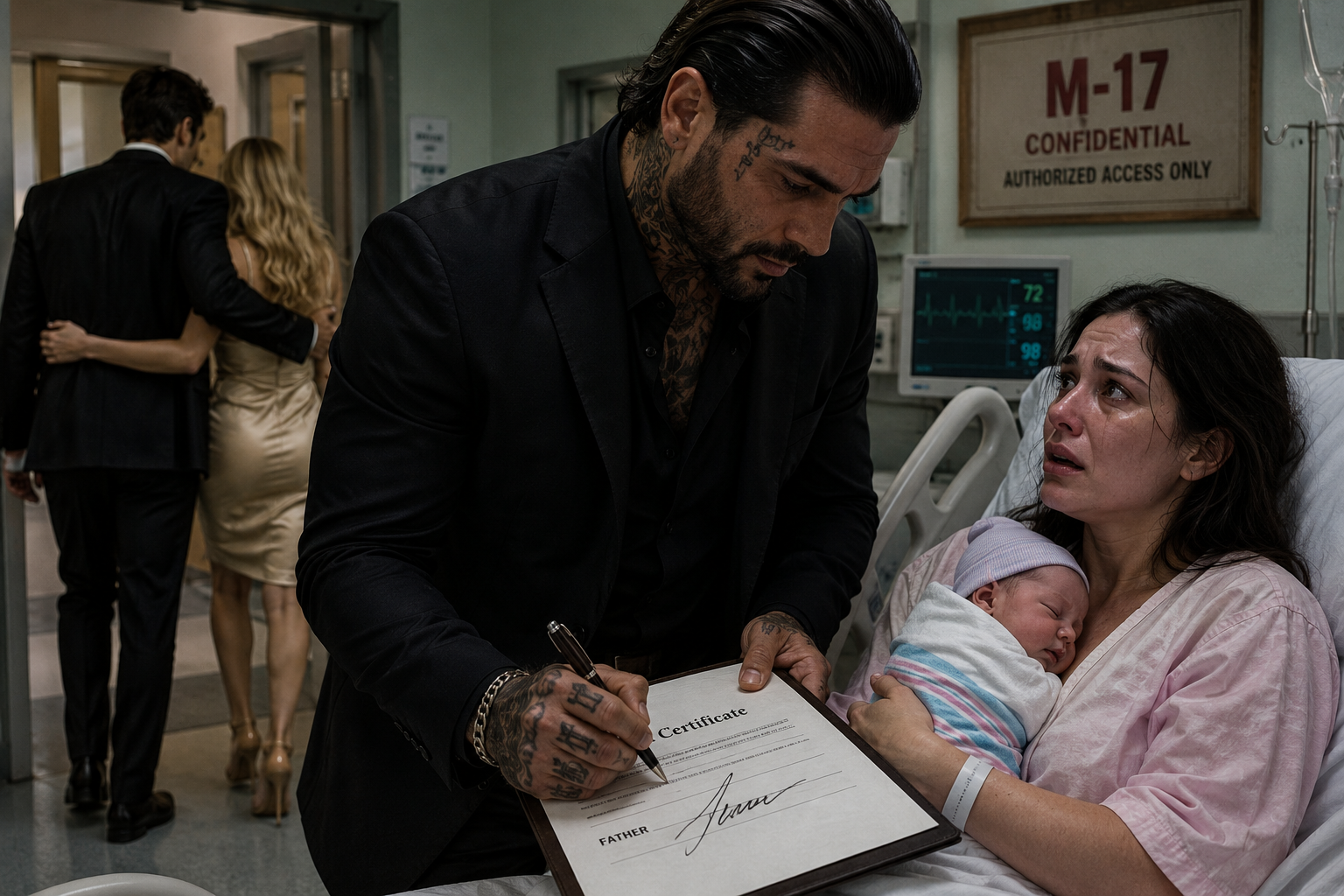 MY HUSBAND LEFT ME WITH OUR NEWBORN—THEN A TATTOOED STRANGER SIGNED THE FATHER LINE AND EXPOSED THE M-17 SECRET