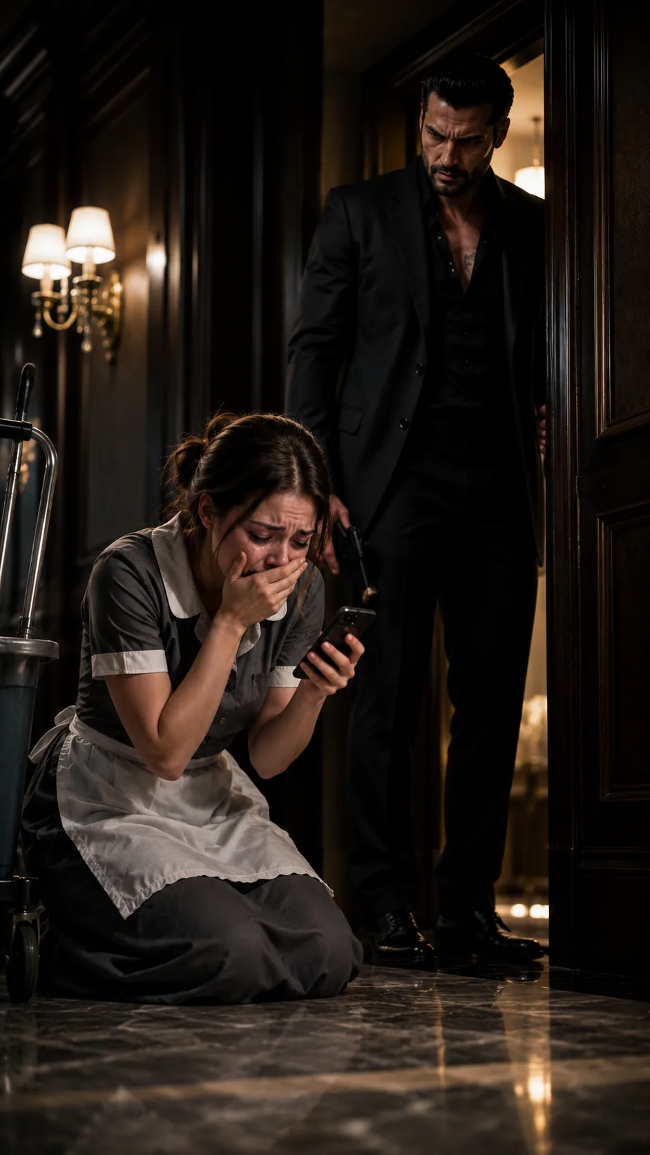 **The Maid Cried Outside the Mafia Boss’s Door—Then He Heard the Name on Her Phone**