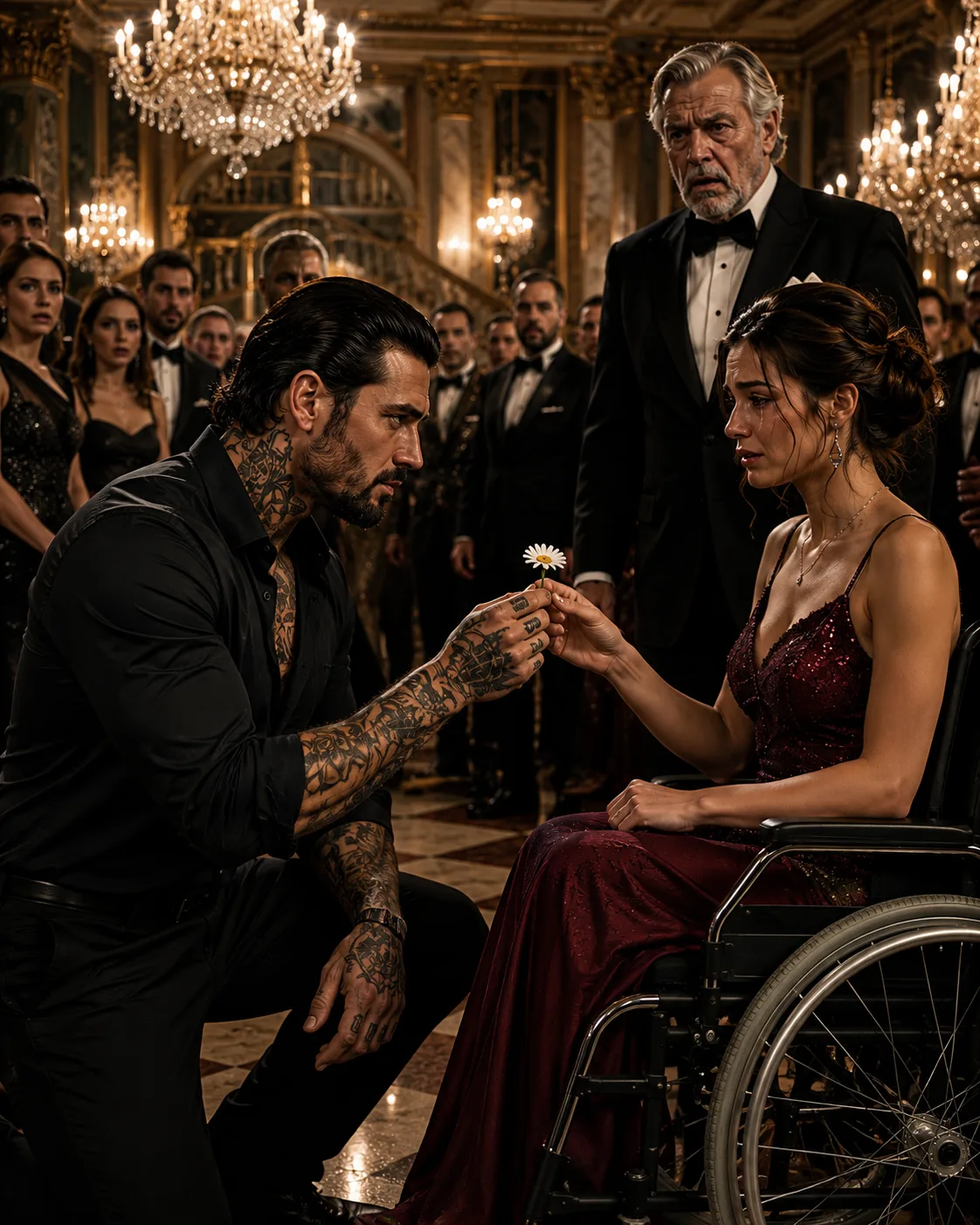 The Most Feared Mafia Boss Walked Into My Father’s Gala and Knelt Beside My Wheelchair — Then He Pulled Out the One Flower I Thought He Had Forgotten