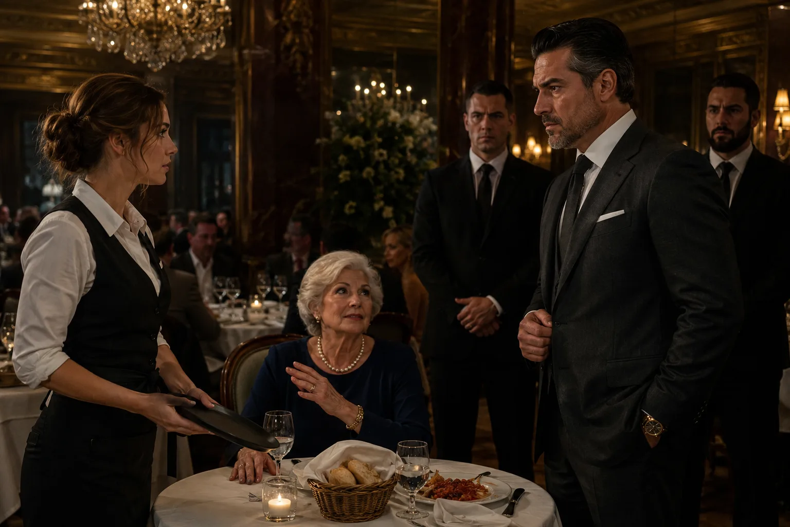 The Waitress Who Helped a Stranger at Table Seven Never Expected Her Kindness to Pull Her Into Brooklyn’s Most Powerful Family—Or Expose the Secret Someone Was Willing to Destroy Them All to Keep Hidden  Chapter 1: The Woman at Table Seven  By the time Sophie Bennett noticed the elderly woman’s hands trembling, she had already stopped feeling her own feet.  Eight hours.  Eight hours of balancing trays, smiling at people who barely looked at her, apologizing for steaks she had not cooked and wine she had not chosen, all while pretending the sharp pain burning beneath both heels was nothing more than an inconvenience.  Bellarosa was good at pretending.  The Brooklyn restaurant lived behind velvet curtains and dark walnut doors, glowing beneath chandeliers that threw warm light over linen tablecloths, polished silverware, and people who wore watches worth more than Sophie made in a year.  Garlic, browned butter, tomato sauce, expensive cologne.  That was Bellarosa.  And Sophie, according to Marco, was part of the furniture.  “Table seven needs bread.”  Marco passed behind her without slowing.  Sophie looked down at the tray in her hand.  “Table seven already had—”  “Then they need more.”  He kept walking.  Marco Bellini had been head waiter for eleven years and behaved as though every plate in the restaurant had personally sworn loyalty to him.  Sophie swallowed the reply sitting on her tongue.  Three tables.  That was all she had left.  Three tables, then the subway ride back to the tiny apartment she shared with unpaid bills, a broken bathroom fan, and a stack of nursing textbooks she still could not bring herself to sell.  She grabbed a fresh bread basket.  Her right ankle throbbed as she crossed the dining room.  She ignored it.  She had become skilled at ignoring things.  Bills.  Fatigue.  The email from St. Catherine’s Nursing College asking whether she intended to re-enroll.  The voicemail from the bursar’s office.  The empty chair in her grandmother’s apartment after the funeral.  That one was harder.  Sophie reached table seven and slowed.  An elderly woman sat alone.  She had silver hair styled neatly above a navy dress, pearls at her throat, and gold earrings simple enough to look more expensive than anything flashy.  Her posture was elegant.  Her hands were not steady.  One rested beside a crystal water glass.  The other hovered over a small beaded purse.  Sophie set the bread basket down.  “Fresh bread for you.”  The woman looked up.  Her eyes were brown and warm.  Not the quick glance most customers gave Sophie.  A real look.  “Thank you, dear.”  Her voice carried an Italian accent softened by decades in America.  “You’re welcome.”  Sophie started to step away.  “May I ask your name?”  Sophie stopped.  That almost never happened.  “Sophie.”  The woman smiled.  “I’m Maria.”  “Nice to meet you, Maria.”  Maria opened her purse.  Or tried to.  Her fingers slipped from the clasp.  She tried again.  The tiny metal catch clicked against her fingernail.  Sophie waited.  Maria gave an embarrassed little laugh.  “My hands have decided they no longer work after six in the evening.”  Sophie looked toward Marco.  He was speaking to a couple near the bar.  Then she looked back.  “Would you like help?”  Maria hesitated.  “Yes. If you don’t mind.”  “Of course.”  Sophie moved around the table.  Inside the purse was a pill organizer.  Maria pointed.  “Thursday evening.”  Sophie opened the compartment.  Two pills.  One pale blue.  One small and white.  She tipped them carefully into Maria’s palm.  “Here.”  Maria reached for the water glass.  Her hand shook hard enough that water rippled against the rim.  Sophie caught the base before it tipped.  “I’ve got it.”  She held the glass steady while Maria drank.  Something about Maria’s breathing bothered her.  Not dramatic.  Not gasping.  Just a little too shallow.  A little too deliberate.  Sophie’s nursing instincts stirred before she could shut them down.  “Are you feeling lightheaded?”  Maria blinked.  “A little.”  “Any chest pain?”  “No.”  “Shortness of breath?”  “Only when I’m tired.”  Sophie crouched slightly beside the chair.  “Has that been happening often?”  Maria smiled.  “You sound like my doctor.”  “I almost became a nurse.”  “Almost?”  Sophie regretted saying it.  She straightened.  “Long story.”  Maria studied her.  “Most worthwhile things are.”  That hit harder than Sophie expected.  She looked away.  Maria patted the empty chair beside her.  “My son is late. Sit for one minute.”  Sophie nearly laughed.  “I definitely can’t.”  “One minute.”  “My manager will have an aneurysm.”  “Then sit for thirty seconds.”  Sophie glanced across the room again.  Marco was nowhere in sight.  She sat on the edge of the chair.  Maria looked pleased.  “There. The world continues.”  Sophie smiled despite herself.  “What were you studying?”  “Nursing.”  “And why did you stop?”  Sophie traced a thumb along the edge of her apron.  “My grandmother got sick.”  Maria’s expression changed.  Softer.  “She raised me. Medical bills got bad. I started working more, missed classes, then one semester became another.”  “Is she better?”  Sophie shook her head.  Maria’s eyes lowered.  “I’m sorry.”  “Thank you.”  Silence settled between them, but it was not uncomfortable.  Maria broke off a piece of bread.  “My husband used to say life doesn’t ask permission before changing your plans.”  Sophie gave a faint laugh.  “Sounds accurate.”  “He also believed unfinished roads remain roads.”  Sophie looked at her.  “What does that mean?”  “It means you stopped walking. It does not mean the road disappeared.”  Before Sophie could answer, the front doors opened.  The shift in the restaurant was immediate.  Not loud.  The opposite.  A silence moved through the room like cold air.  Sophie turned.  A man had entered.  Tall.  Charcoal suit.  White shirt.  Dark tie.  Two men in black suits followed several steps behind.  Sophie knew the face.  Everyone in Brooklyn knew some version of it.  Antonio Russo.  His picture appeared in business magazines whenever Russo Imports opened another warehouse or sponsored another neighborhood hospital wing.  Other pictures circulated differently.  No captions.  No official quotes.  Just whispers.  Meetings behind closed doors.  Union disputes that disappeared.  Property deals nobody understood.  Men who lowered their voices when saying his surname.  Antonio walked without hurry.  That made him worse.  He did not need speed.  The room adjusted to him.  Marco appeared from nowhere.  His spine straightened.  One of the bartenders stopped polishing a glass.  Antonio’s eyes moved across the restaurant.  Then landed on table seven.  Maria smiled.  “My late son.”  Sophie stood so quickly her chair shifted.  “Your son?”  Maria chuckled.  “Late. Not deceased.”  Sophie’s face heated.  Antonio approached.  Up close, he seemed even larger, though it was not size alone.  His hair was dark with silver beginning near the temples.  A short scar crossed his left eyebrow.  His expression was controlled enough to be unreadable.  “Mama.”  He kissed Maria on both cheeks.  “I apologize.”  “You should.”  “I know.”  “You are thirty-five minutes late.”  “Thirty-two.”  Maria pointed toward Sophie.  “This is Sophie.”  Antonio turned.  Sophie wished she could become part of the wallpaper.  Maria continued.  “She helped me with my medication and kept me company while my unreliable son wandered the city.”  Antonio’s eyes moved to the pill organizer.  Then the water glass.  Then Sophie.  “You helped my mother?”  Sophie nodded.  “Yes.”  His stare held.  It was not rude.  It was worse than rude.  It felt investigative.  “She was having trouble opening the container.”  Maria waved a hand.  “My fingers were shaking.”  Antonio looked sharply at her.  “How badly?”  “I’m fine.”  “Mama.”  “I said I’m fine.”  Sophie noticed the tension in his jaw.  There.  Concern.  Real concern.  He hid it quickly.  Antonio reached inside his jacket.  Sophie stiffened.  He pulled out a leather wallet.  “Oh.”  She almost laughed at herself.  He removed several bills.  “No.”  The word escaped before she considered who she was saying it to.  Antonio paused.  Sophie immediately wished she could retrieve it from the air.  Maria’s eyebrows lifted.  One of the guards behind Antonio glanced over.  Antonio looked at Sophie.  “No?”  “I mean... thank you. But no.”  He held the money between two fingers.  “You assisted my mother.”  “I opened a pill box.”  “And stayed with her.”  “She asked me to.”  He stared.  Sophie forced herself not to drop her eyes.  “I didn’t do it for money.”  Something shifted behind Antonio’s expression.  Very little.  Enough.  Marco appeared beside Sophie so suddenly she nearly stepped on him.  “Mr. Russo.”  His voice had lost all its usual authority.  “I apologize if Sophie disturbed your mother.”  Antonio looked at him.  “She did not.”  Marco swallowed.  “Our staff are not normally permitted to sit with guests.”  “I asked her,” Maria said.  “Yes, Mrs. Russo, naturally. I only meant—”  Antonio raised one hand.  Marco stopped.  Not mid-sentence.  Mid-breath.  Sophie watched it happen.  That frightened her more than anything she had heard about Antonio.  He turned back to her.  “Take it.”  Sophie looked at the cash.  Then him.  “I can’t.”  “Why?”  “Because then this becomes something else.”  His eyes narrowed slightly.  Sophie heard her grandmother’s voice in her head.  If you know why you did something, don’t let somebody else rename it.  “I helped because she needed help.”  Maria was watching her now.  Antonio slowly folded the bills once.  Then put them back into his wallet.  His mouth almost moved.  Not a smile.  Close.  He leaned slightly toward Sophie.  His voice was low enough that Marco strained to hear.  “You just earned my respect.”  Sophie blinked.  Before she could respond, Maria reached for her water again.  Her fingers trembled.  Worse this time.  Sophie noticed.  So did Antonio.  Maria took one breath.  Then another.  Her face changed.  The warmth drained from it.  “Mama?”  Maria’s hand slipped from the glass.  It shattered on the floor.  Sophie moved before anyone else did.  She caught Maria’s shoulder as the older woman sagged sideways.  “Call an ambulance.”  Antonio froze for one fraction of a second.  Then the entire room erupted.  His guards moved.  Marco shouted for space.  Customers stood.  Sophie dropped to one knee.  “Maria, look at me.”  Maria’s eyelids fluttered.  “I’m... fine.”  “No, you’re not.”  Sophie placed two fingers at her wrist.  Her pulse felt wrong.  Too slow.  She looked at the pill organizer.  Then at the two compartments beside the one she had opened.  Something inside Sophie’s stomach tightened.  The blue tablet Maria had swallowed.  She had seen that shape before.  Her grandmother had once taken the same medication.  But not with the other pill.  Never with the other pill.  “Sophie.”  Antonio crouched across from her.  “What is it?”  She looked at him.  For the first time, there was no power in his face.  Only a son terrified for his mother.  Sophie pointed toward the organizer.  “When was her medication changed?”  Antonio stared.  “What?”  “Who filled this?”  Maria’s eyes closed.  Antonio’s voice dropped.  “Why are you asking?”  Sophie looked at the broken glass.  Then at Maria.  Then back at the pills.  “Because I think your mother may have just taken two medications that should never have been put together.”  And suddenly, Antonio Russo was not looking at Sophie like a waitress anymore.  He was looking at her like she might be the only person in the room who understood what had just happened.  Chapter 2: The Man Everyone Feared  The ambulance took eleven minutes.  Antonio experienced every one of them like an insult.  Sophie knew because he checked his watch six times.  His guards had cleared space around the table. Marco had moved customers away. Someone closed the restaurant doors.  Maria remained conscious, but barely.  Sophie kept her talking.  “What city were you born in?”  Maria gave her a weak look.  “You’re testing whether I’m confused.”  “Yes.”  “Very rude.”  “Answer anyway.”  Maria managed a faint smile.  “Naples.”  “Year?”  “Do not push your luck.”  Sophie smiled despite the fear crawling through her.  “Good.”  Antonio knelt on the other side.  “What should I do?”  The question stunned her.  Not because she lacked an answer.  Because Antonio Russo had asked it.  “Keep her still.”  He did.  No argument.  No hesitation.  Maria looked at him.  “Stop staring at me like that.”  “I’m not.”  “You have your father’s worried face.”  “I don’t have a worried face.”  “You do.”  Sophie almost laughed.  Then Maria’s pulse weakened again.  She stopped.  The doors opened.  Paramedics rushed in.  Sophie gave them everything she knew.  Two pills.  Possible interaction.  Brief dizziness.  Shallow breathing.  Slow pulse.  One paramedic looked at her.  “You medical?”  “Former nursing student.”  He nodded.  “Good catch.”  Antonio heard him.  Sophie saw that.  At the hospital, nobody asked Antonio to wait in the ordinary emergency room.  Sophie tried to leave.  She really did.  She had no reason to remain.  Maria was receiving medical care.  Antonio had people.  Powerful people.  Important people.  Sophie had a shift she had probably just lost and a subway card with seven dollars left on it.  She reached the hospital elevators.  “Sophie.”  Antonio’s voice stopped her.  She turned.  He stood ten feet away.  His jacket was unbuttoned now.  His tie slightly loosened.  For the first time, he looked human.  “Stay.”  “I don’t think—”  “Please.”  That word was different.  She stayed.  An hour later, a cardiologist came into the private waiting room.  “Mrs. Russo is stable.”  Antonio exhaled.  Sophie had not realized he had been holding his breath.  The doctor continued.  “Her heart rate dropped significantly. We believe medication interaction played a role.”  Sophie looked down.  Antonio looked at her.  “Which medications?”  The doctor named them.  Sophie knew both.  One was for blood pressure.  The other had recently been added for anxiety and sleep.  Together, especially at Maria’s age and dosage, they could cause serious problems.  Antonio’s face hardened.  “Who prescribed the second?”  “I’m reviewing that.”  “Review faster.”  “Mr. Russo.”  The doctor did not flinch.  “That is exactly what I’m doing.”  Antonio stepped back.  Sophie almost respected the doctor immediately.  Maria spent the night.  At two in the morning, Sophie finally stood.  “I should go.”  Antonio looked toward her.  He had been sitting near the window, phone untouched in his hand.  “I’ll have someone take you home.”  “No.”  “Sophie.”  “I take the subway.”  “At two in the morning?”  “I’ve done it before.”  “You won’t tonight.”  She crossed her arms.  “Is everything you say an order?”  “Yes.”  “Must be exhausting.”  One of the guards coughed.  It suspiciously resembled a hidden laugh.  Antonio looked at him.  The man became stone.  Sophie shook her head.  “You don’t need to arrange my life because I helped your mother.”  “I’m arranging transportation.”  “That’s how it starts.”  “How what starts?”  “You deciding you’re responsible for everything around you.”  He looked at her carefully.  “You’ve known me three hours.”  “I’ve observed you for three hours.”  “That qualifies you?”  “Apparently.”  He should have been offended.  Instead, his mouth twitched.  “Carlo.”  One guard stepped forward.  “Drive Sophie home.”  Sophie opened her mouth.  Antonio raised his hand.  She pointed at him.  “Don’t do that.”  His hand stopped.  “Do what?”  “The thing where everyone becomes silent because you lifted one finger.”  Carlo looked down at the floor.  Antonio stared at Sophie.  Then lowered his hand.  “Would you allow Carlo to drive you home?”  She considered.  “You’re learning.”  His eyes darkened with amusement.  Dangerous amusement.  “Good night, Sophie.”  The next morning, Marco fired her.  Not officially.  Officially, he “temporarily removed her from the schedule pending review.”  Same thing.  “You abandoned your section.”  “An elderly woman collapsed.”  “You sat with a guest.”  “She asked me.”  “You became personally involved with customers.”  “She needed medication.”  Marco leaned across his tiny office desk.  “You don’t understand what kind of place this is.”  “I understand perfectly.”  “No, you don’t.”  His voice dropped.  “People pay for discretion here. They pay not to have waitresses insert themselves into private matters.”  Sophie stared at him.  “I stopped a woman from being seriously hurt.”  Marco’s face tightened.  “And now Antonio Russo knows your name.”  There it was.  Not discipline.  Fear.  “You’re scared.”  “You should be.”  “Why?”  Marco looked toward the closed office door.  “Because being noticed by men like him never ends well.”  Sophie picked up her bag.  “You sound like you know from experience.”  Marco’s eyes snapped toward hers.  Too quickly.  For half a second, something passed across his face.  Not fear of Antonio.  Something else.  Sophie noticed.  Then it disappeared.  “Get out.”  She left.  Two days passed.  Maria called on the third.  Sophie was working her second job at a neighborhood bakery.  Her phone buzzed during break.  Unknown number.  “Hello?”  “Sophie?”  She smiled despite herself.  “Maria?”  “You sound surprised.”  “I am.”  “My son believes I should rest.”  “He’s probably right.”  “He is unbearable when he is right.”  Sophie laughed.  Maria lowered her voice.  “Do not tell him I said that.”  “I assume he already knows.”  “Good girl.”  Sophie leaned against the alley wall behind the bakery.  Cold wind lifted loose strands of hair around her face.  “How are you feeling?”  “Better.”  “Any dizziness?”  “A little.”  Sophie stopped smiling.  “How much?”  “Enough that Antonio watches me walk across rooms.”  “When?”  “This morning.”  “Before or after your medication?”  Silence.  Maria answered carefully.  “After.”  Sophie straightened.  “What are you taking now?”  “The hospital changed several things.”  “Do you have the bottles?”  “Yes.”  “Can you read the labels?”  Maria laughed.  “I may be old, Sophie, but I remain literate.”  “I know. Humor me.”  Maria read them.  Three medications.  Sophie frowned.  The dangerous combination was gone.  Good.  But one dosage sounded high.  Too high.  “Maria, who organizes your pills?”  “My nurse.”  “You have a home nurse?”  “Part time.”  “Name?”  “Lena.”  “How long?”  “Six months.”  Sophie thought.  “Do you trust her?”  Maria did not answer immediately.  That was answer enough.  That evening, Antonio appeared outside the bakery.  He did not enter.  He waited beside a black sedan.  Of course he did.  Sophie finished her shift and walked out with flour on one sleeve.  “You have got to be kidding.”  Antonio looked at the bakery sign.  “You work here?”  “Some of us have rent.”  His expression changed.  He had not considered that.  “What happened at Bellarosa?”  “Marco removed me from the schedule.”  “Why?”  “You.”  His jaw tightened.  “Explain.”  “He thinks being noticed by you is dangerous.”  “That’s not an explanation.”  “It is to him.”  Antonio opened the car door.  “Get in.”  “No.”  “Sophie.”  “We already covered this.”  He looked at her.  “Would you please get into the car?”  “Why?”  “My mother wants to see you.”  “That’s different.”  She got in.  Antonio stared at her.  “What?”  “Nothing.”  “You’re annoyed because Maria outranks you.”  “No one outranks me.”  Sophie smiled.  “Sure.”  At the Russo residence in Bay Ridge, Maria was waiting in a sitting room overlooking the water.  Sophie expected vulgar wealth.  Gold everywhere.  Marble.  Statues.  Instead, the house felt old.  Dark wood.  Books.  Family photographs.  Real paintings.  Maria held out her hands.  “There she is.”  Sophie hugged her gently.  Antonio noticed that too.  “Show me the medications.”  Maria rolled her eyes.  “I knew this visit had conditions.”  Sophie examined the bottles.  Then the organizer.  Something was wrong.  The dosage printed on one bottle did not match the tablet placed in the evening compartment.  Sophie turned it over.  Different imprint.  Different strength.  Her pulse jumped.  “Who filled this organizer?”  Maria’s expression changed.  “Lena.”  “When?”  “This afternoon.”  Sophie looked at Antonio.  He understood immediately.  “What?”  She held up the tablet.  “This isn’t the dosage on the label.”  Antonio took one step toward her.  “How certain are you?”  “Very.”  Maria went still.  Antonio’s face emptied of expression.  That was worse than anger.  Sophie quickly added, “It could be a mistake.”  Antonio looked toward one of his security men.  “Find Lena.”  Sophie stepped in front of him.  “Wait.”  His eyes sharpened.  “Why?”  “Because if this was deliberate and she realizes you know, whoever else is involved gets warned.”  Antonio stared.  “Who said anyone else is involved?”  Sophie looked at Maria.  Then the pill.  “One medication error sent her to the hospital.”  She held up the wrong tablet.  “Another happened three days later.”  The room became very quiet.  Sophie lowered her voice.  “Once can be an accident.”  Antonio’s gaze darkened.  “Twice?”  Sophie looked directly at him.  “Twice is a pattern.”  Chapter 3: Something Was Wrong With Maria  Antonio did not call the police.  That bothered Sophie.  He called someone named Vincent.  That bothered her more.  “Who is Vincent?”  “My attorney.”  “You say that like I’m supposed to relax.”  “He is an attorney.”  “What kind?”  Antonio looked at her.  “The kind who knows when not to ask unnecessary questions.”  “Terrible answer.”  Maria was sitting near the fireplace with a blanket over her knees.  She looked tired.  Not frightened.  That worried Sophie too.  “Maria, has anything else happened recently?”  Antonio turned.  “What do you mean?”  Sophie ignored him.  “Anything weird. Fainting. Confusion. Falling asleep unexpectedly. Headaches.”  Maria thought.  “I fell in the garden last month.”  Antonio’s head snapped toward her.  “You said you tripped.”  “I assumed I did.”  “Anything else?”  Maria sighed.  “Sometimes I wake up and do not remember going to bed.”  Antonio stood.  “Mama.”  “Stop looking at me like that.”  “How long?”  “Perhaps two months.”  Sophie’s skin prickled.  “Did these episodes start before Lena?”  Maria nodded slowly.  “After.”  Antonio walked toward the window.  His hands closed at his sides.  Sophie could practically watch fury assembling inside him.  “Do not do anything stupid.”  He turned.  “Define stupid.”  “Whatever you’re thinking.”  “You have no idea what I’m thinking.”  “I know your face.”  “You’ve known me four days.”  “It’s a memorable face.”  Maria covered a smile.  Antonio ignored her.  “Lena has been caring for my mother for six months.”  “Who hired her?”  “My family physician referred her.”  “Which physician?”  “Dr. Moretti.”  Sophie frowned.  “Related?”  “To us? No.”  Antonio called someone.  Within minutes he had Lena’s employment records, references, licensing information, and address.  Sophie listened.  This was Antonio’s world.  Information moved when he wanted it.  Doors opened.  People answered phones.  She understood why Marco feared him.  She also understood why Antonio trusted his own reach too much.  “What?”  He had caught her staring.  “You’re used to solving everything by making calls.”  “It works.”  “Until the person you call is part of the problem.”  His expression hardened.  “You’re assuming corruption.”  “I’m assuming nothing.”  “You just implied—”  “I said check everybody.”  Maria looked between them.  “You two argue like married people.”  Sophie nearly choked.  Antonio closed his eyes.  “Mama.”  “What? I am old, not blind.”  Sophie looked away.  Heat rose into her face.  Antonio spoke to his mother in Italian.  Maria replied.  They argued quietly.  Sophie did not understand every word, but she caught enough.  Antonio telling her to stop.  Maria telling him something about being emotionally dead.  Sophie decided not to ask.  The next day, they visited Maria’s cardiologist.  Antonio insisted Sophie come.  She resisted until Maria called personally.  Again.  Maria outranked him.  Sophie was beginning to enjoy that.  The cardiologist reviewed everything.  The pill mismatch was undeniable.  The wrong medication could lower Maria’s blood pressure dramatically.  Combined with another prescription, it could explain her dizziness.  “Could this be accidental?” Antonio asked.  The doctor hesitated.  “Yes.”  “But?”  “But professional caregivers follow procedures designed to prevent this.”  Sophie watched Antonio.  He was still.  Only his thumb moved once against the edge of his watch.  “What would happen if she took the incorrect dose repeatedly?”  “Falls. Loss of consciousness. Cardiac complications. Potentially stroke.”  Maria looked down at her hands.  Sophie reached over.  She did not think.  She just took one.  Maria squeezed her fingers.  Antonio saw that.  Something shifted in his face.  Not jealousy.  Something sadder.  Relief, perhaps.  Someone Maria trusted was there.  That evening, Sophie returned home and found her apartment door unlocked.  She froze in the hallway.  She had locked it.  She always locked it.  The neighborhood was not terrible.  It was not good enough to forget.  She stepped back.  Called 911.  Then Antonio.  She hated herself for doing the second one.  He answered on the first ring.  “Sophie?”  “My apartment door is open.”  Silence.  Then his voice changed.  “Where are you?”  “Hallway.”  “Leave the building.”  “Police are coming.”  “Leave now.”  “I’m already walking.”  “Do not hang up.”  She heard another voice in the background.  Carlo.  Antonio giving instructions.  Sophie went outside.  Police arrived six minutes later.  Antonio arrived in eight.  He was out of the car before it fully stopped.  “What happened?”  “Someone broke in.”  Police searched the apartment.  Nothing valuable was missing.  Because Sophie owned nothing valuable.  The television remained.  Laptop remained.  Cash in a kitchen jar remained.  But her nursing textbooks had been pulled from a shelf.  One lay open on the floor.  Pharmacology.  Antonio stared at it.  “This is not random.”  “No.”  “What are they looking for?”  “I don’t know.”  One officer walked out holding a clear evidence bag.  Inside was a folded piece of paper.  “We found this under the book.”  Sophie’s stomach tightened.  The officer unfolded it.  Three words.  MIND YOUR BUSINESS.  Antonio’s face became ice.  “No.”  Sophie looked at him.  “What?”  “You’re not staying here.”  “Antonio—”  “No.”  “I’m not moving into some fortress.”  “Yes, you are.”  “Watch me.”  His eyes flashed.  “This is because of my family.”  “And that doesn’t mean you own my decisions.”  “No. It means somebody threatened you because you helped my mother.”  “So?”  “So I am responsible.”  Sophie stepped closer.  “No. The person who broke into my apartment is responsible.”  He stared at her.  She lowered her voice.  “You see the difference?”  For several seconds, neither moved.  Then Antonio said, “One night.”  “What?”  “Stay somewhere secure for one night. Tomorrow, choose wherever you want.”  Sophie looked back at her apartment.  The open door.  The scattered books.  The note.  She hated that he was right.  “One night.”  He nodded.  Maria insisted Sophie stay at the Russo house.  Naturally.  Sophie slept poorly.  At three in the morning, she wandered downstairs.  She found Antonio in the kitchen.  No suit jacket.  White shirt sleeves rolled up.  Coffee.  A stack of documents.  He looked almost ordinary.  Almost.  “You don’t sleep?”  “Sometimes.”  “That sounds healthy.”  “You’re awake.”  “Someone broke into my apartment.”  “Fair.”  She sat across from him.  “What are those?”  He slid one page over.  Lena’s employment file.  Perfect references.  Perfect background.  Too perfect.  Sophie read.  “Why was she hired?”  “Dr. Moretti said my mother needed monitoring after a blood-pressure episode.”  “When did that happen?”  “Seven months ago.”  “Before Lena.”  “Yes.”  “Who was with Maria during the episode?”  Antonio thought.  “My cousin Gabriel.”  Sophie looked up.  “Who is Gabriel?”  Antonio’s face gave away nothing.  “My father’s sister’s son.”  “What does he do?”  “He works for Russo Holdings.”  “Doing what?”  “Finance.”  There.  Sophie leaned back.  “You don’t like that question.”  “I dislike what you’re implying.”  “I didn’t imply anything.”  “You’re thinking loudly.”  She almost smiled.  “Does Gabriel gain anything if Maria becomes incapacitated?”  Antonio became very still.  “Sophie.”  “That’s a valid question.”  “Careful.”  She stared at him.  There was the wall.  The powerful man again.  Family.  Territory.  Lines she was not supposed to cross.  Sophie stood.  “Fine.”  She started toward the door.  Antonio’s voice followed.  “You’re angry.”  “I’m tired.”  “You’re angry.”  She turned.  “You asked me to help figure out what’s happening.”  “I asked you to help with medication.”  “And medications don’t arrange themselves.”  His jaw tightened.  Sophie pointed toward the file.  “Someone is messing with Maria’s pills. Someone broke into my apartment and left a threat. Your response is to warn me because I asked who benefits.”  She shook her head.  “That is exactly how people get away with hurting families like yours.”  Antonio stood.  “Families like mine?”  “Families where everyone is too scared to tell the powerful person something he doesn’t want to hear.”  The words landed.  Hard.  Antonio said nothing.  Sophie immediately regretted it.  Not because it was false.  Because it was true.  She walked away.  At breakfast, Maria seemed better.  Lena had disappeared.  Her apartment was empty.  Her phone disconnected.  Antonio’s people learned she had withdrawn eight thousand dollars in cash two days earlier.  Then Vincent called.  Antonio listened.  His expression changed.  “What?”  Sophie asked.  He ended the call.  “Lena was not originally referred by Dr. Moretti.”  Maria frowned.  “What?”  “His office sent three names.”  Antonio looked at her.  “Lena was added afterward.”  “By whom?”  Antonio did not answer immediately.  That told Sophie everything.  “Gabriel?”  Antonio stared at the floor.  “Yes.”  Maria’s hand tightened around her napkin.  “He said she came highly recommended.”  Antonio picked up his phone.  Sophie reached for his wrist.  He stopped.  “Don’t.”  “He endangered my mother.”  “We don’t know that.”  “He hired her.”  “That’s evidence of access. Not guilt.”  “He disappears for three days whenever money goes missing and suddenly—”  “You already dislike him.”  Antonio looked at her.  She released his wrist.  “That means you’re exactly the wrong person to confront him right now.”  He hated that.  Sophie could see it.  Maria surprised both of them.  “She’s right.”  Antonio turned.  “Mama.”  “She is right.”  Maria’s voice trembled, but not from weakness.  “Your father used anger like a hammer. Everything looked like a nail to him.”  Antonio’s face hardened.  “I am not my father.”  “Then prove it.”  Nobody spoke.  Later that afternoon, Sophie went through Maria’s medication log.  Lena had recorded every dose.  Perfectly.  Too perfectly.  Nurses were human.  Handwriting varied.  Times shifted.  Small notes appeared.  These entries looked copied.  Sophie held two pages against the window.  Same numbers.  Same slant.  Same pressure.  She called Antonio.  “Come here.”  He entered.  “What?”  “These logs were written at the same time.”  “How do you know?”  “Look.”  She showed him.  “Same pen pressure. Same exact formation. She wasn’t recording doses every day. She was backfilling the records.”  Antonio stared.  Sophie flipped another page.  One date was strange.  “Maria was hospitalized this night.”  “Yes.”  “The log says Lena gave her medication here at nine.”  Antonio’s gaze sharpened.  “She was in the hospital at nine.”  “Exactly.”  His phone rang.  Carlo.  Antonio listened.  Then looked at Sophie.  His face had changed completely.  “What?”  He ended the call.  “Gabriel is gone.”  “Gone where?”  “We don’t know.”  Sophie’s pulse quickened.  Antonio walked toward the door.  She looked back at the medication log.  Something near the spine caught her eye.  A faint indentation.  Writing from a removed page.  She shaded it lightly with the side of a pencil.  Letters emerged.  An address.  And beneath it, two words.  TRANSFER SIGNATURE.  Sophie stared.  Antonio returned.  “What?”  She held up the page.  Maria stepped closer.  When she saw the address, all color left her face.  “No.”  Antonio looked at her.  “Mama?”  Maria whispered, “That’s the office where your father signed the Russo family trust.”  Chapter 4: The Price of Getting Involved  The trust was worth more than Sophie could understand.  Not millions.  Hundreds of millions.  Properties.  Warehouses.  Shipping contracts.  Real estate.  Minority stakes in companies Sophie had never heard of.  And one controlling provision.  As long as Maria Russo was mentally competent, she retained final approval over major transfers of the family’s private holdings.  If she became legally incapacitated, authority moved temporarily to a three-person committee.  Antonio.  The family attorney.  And Gabriel Russo.  Sophie read the document twice.  Then looked at Antonio.  “There.”  He hated the word.  “There what?”  “Motive.”  “Potential motive.”  “You want me to say alleged until he sends us a confession?”  “I want facts.”  “Good.”  She pushed the paper toward him.  “Fact. Gabriel hired Lena.”  “Yes.”  “Fact. Maria was repeatedly given incorrect medication.”  “Yes.”  “Fact. Lena falsified logs.”  “Yes.”  “Fact. My apartment was broken into after I noticed.”  Antonio’s eyes darkened.  “That is not proven to be connected.”  Sophie leaned back.  “You’d make a fantastic defense lawyer.”  Maria, sitting across the room, sighed.  “You both need food.”  Neither listened.  Antonio tapped the trust.  “Gabriel cannot control anything alone.”  “But if Maria were declared incompetent?”  “He would have one vote.”  “Could he influence the attorney?”  “No.”  Antonio answered too quickly.  Sophie noticed.  “Who is the attorney?”  “Vincent.”  “The same Vincent you called?”  “Yes.”  “Your friend?”  “Thirty years.”  She looked at him.  “Then check him too.”  Antonio’s face hardened.  “He is family.”  “That is not an answer.”  “It is my answer.”  Sophie stood.  “Then I’m done.”  Maria looked up.  Antonio frowned.  “What does that mean?”  “It means you don’t want help. You want confirmation.”  “That’s not true.”  “You only investigate people you already distrust.”  “Sophie—”  “Someone put your mother at risk.”  She pointed toward Maria.  “If loyalty mattered to them the way it matters to you, we wouldn’t be having this conversation.”  Antonio stepped closer.  His voice lowered.  “You do not understand the world you are walking into.”  “Then explain it.”  “It is not safe.”  “Neither is medication tampering.”  His jaw flexed.  “You should go back to your own life.”  The words hurt more than they should have.  Sophie covered it.  “Gladly.”  She left.  Antonio did not stop her.  That hurt too.  Sophie rented a room from a coworker at the bakery.  Temporary.  Cheap.  Safe enough.  She returned to double shifts.  Flour.  Coffee.  Burned fingertips.  Normal problems.  She told herself she preferred them.  Three days passed.  No Antonio.  No Maria.  On the fourth day, Maria called.  “I’m angry with him.”  Sophie laughed softly.  “That seems to be going around.”  “He is impossible.”  “He’s worried.”  “He has been worried since he was seven.”  Maria paused.  “His father taught him fear was the same as love.”  Sophie sat on the bakery’s back steps.  “What happened to his father?”  “He died six years ago.”  “I’m sorry.”  “I was not.”  Sophie blinked.  Maria’s voice remained quiet.  “He loved us. In his way. But his way left damage.”  She breathed out.  “Antonio spent half his life trying to become strong enough that nobody could hurt this family again.”  “And now?”  “Now he hurts people by refusing to trust them.”  Sophie looked at her shoes.  “Why are you telling me this?”  “Because you matter to him.”  “That’s ridiculous.”  Maria laughed.  “My dear, he asked Carlo whether you prefer coffee or tea.”  “So?”  “My son has known Carlo twelve years and does not know whether Carlo has children.”  Sophie smiled despite herself.  “Antonio is not emotionally efficient.”  “No.”  Maria lowered her voice.  “But he notices you.”  The next evening, Sophie was leaving work when a man stepped from a parked sedan.  Not Antonio.  Gabriel.  She recognized him from a photograph Antonio had shown her.  Early forties.  Expensive coat.  Handsome in a tired, nervous way.  “Sophie Bennett?”  She stopped.  “You shouldn’t be here.”  “I need to talk.”  “I don’t.”  “Antonio thinks I hurt Maria.”  “Did you?”  “No.”  He looked behind him.  “I hired Lena. That part is true.”  “Why?”  “She came through Vincent.”  Sophie went still.  “Vincent?”  “He said Dr. Moretti’s list wasn’t good enough.”  “You’re lying.”  “I wish.”  “Then why did you disappear?”  Gabriel’s face twisted.  “Because somebody transferred four million dollars through one of my accounts.”  Sophie stared.  “What?”  “I found it the same morning Lena vanished.”  “Go to the police.”  “And explain what?”  “That I work for a family where financial investigations become newspaper headlines before breakfast?”  “So you ran.”  “I panicked.”  “Smart.”  “I know.”  He reached into his coat.  Sophie stepped back.  He slowly pulled out a flash drive.  “I copied the transfer records.”  “Give them to Antonio.”  “I can’t.”  “Why?”  Gabriel looked genuinely afraid.  “Because Vincent knows every legal move Antonio makes before Antonio makes it.”  Sophie’s stomach dropped.  She took the drive.  A black SUV turned onto the street.  Gabriel saw it.  His face drained.  “That’s his car.”  “Antonio?”  “No.”  Gabriel ran.  Sophie turned toward the SUV.  It accelerated.  She stepped back onto the sidewalk.  The vehicle passed.  Dark windows.  No plates.  Her heart hammered.  She called Antonio.  He answered.  “Sophie?”  “We need to talk.”  Twenty minutes later, Antonio stood in the bakery after closing.  He listened without interrupting.  When Sophie said Vincent’s name, his expression barely changed.  “That’s impossible.”  “Gabriel says—”  “Gabriel lies when breathing.”  “He gave me this.”  She held up the drive.  Antonio did not take it.  “You met with him alone?”  “He found me.”  “You should have called me.”  “I’m calling you now.”  “You should have called immediately.”  “Stop.”  “You have no idea—”  “I said stop.”  His voice died.  Sophie stepped closer.  “Your first concern is controlling what I did. Not what I learned.”  “That is not true.”  “It is.”  Antonio looked at the flash drive.  Then her.  “You expect me to believe Gabriel over Vincent?”  “I expect you to check.”  “He has handled my family’s affairs for three decades.”  “And Lena handled Maria’s medications for six months.”  Silence.  Antonio took the drive.  “I’ll review it.”  “With someone outside your circle.”  His eyes narrowed.  “Do not tell me how to handle this.”  Sophie laughed once.  “There you are.”  “What does that mean?”  “The man who only wants advice until it makes him uncomfortable.”  Antonio stepped toward her.  “And there you are. The woman who walks into danger because she thinks good intentions protect her.”  Sophie’s anger flared.  “I didn’t walk into this. Your family brought it to my table.”  The words landed.  Antonio’s face changed.  Sophie immediately regretted them.  But did not take them back.  He lowered his voice.  “You’re right.”  That surprised her.  He looked away.  “For that, I am sorry.”  Sophie stared.  Antonio reached into his coat.  Not money this time.  An envelope.  “What is that?”  “Open it.”  Inside was a letter from St. Catherine’s Nursing College.  Sophie’s heart stopped.  She read the first line.  Re-enrollment eligibility.  She looked up.  “What did you do?”  “Nothing yet.”  “You contacted my school?”  “I asked what it would take for you to return.”  Her face went hot.  “You had no right.”  “I was trying to—”  “To fix me?”  “No.”  “That’s what you do.”  “Sophie.”  “You find a problem and throw power at it.”  “I did not pay anything.”  “Yet.”  He went silent.  She folded the letter.  “I am not one of your projects.”  “I know.”  “Do you?”  “Yes.”  He sounded angry now.  At himself.  At her.  At everything.  “You saved my mother.”  “And that doesn’t make my life yours.”  “I know.”  “Then stop acting like it does.”  She handed the envelope back.  Antonio did not take it.  “Keep it.”  “I don’t want it.”  “It’s information.”  “It came from you.”  His eyes changed.  That hurt him.  Good, a small bitter part of her thought.  Then she hated herself for wanting that.  Antonio took the envelope.  “I understand.”  He turned to leave.  His phone rang.  He answered.  Vincent.  Sophie heard the voice through the speaker for one second.  Antonio walked outside.  That night, someone sent Antonio photographs.  Sophie.  Gabriel.  Outside the bakery.  The flash drive changing hands.  Another photograph showed Sophie entering Gabriel’s apartment building.  Except she never had.  The image was fake.  But convincing.  Along with it came bank records.  A deposit into an account with Sophie’s name.  Fifty thousand dollars.  Antonio arrived at her temporary apartment just before midnight.  His face told her everything.  “You think I did something.”  He held up the photographs.  Sophie stared.  “That’s fake.”  “The bank account?”  “Not mine.”  “Gabriel?”  “I told you exactly what happened.”  Antonio’s expression was stone.  “Did you?”  Sophie stepped back.  There it was.  The thing Maria warned her about.  Trust.  Or the lack of it.  “You believe this?”  “I am asking.”  “No.”  “I need you to answer.”  “I already did.”  “Sophie—”  She opened the door wider.  “Get out.”  His eyes narrowed.  “Don’t do this.”  “Do what?”  “Turn this into pride.”  She laughed.  “Pride?”  “You are involved in something dangerous. I need clarity.”  “You had clarity.”  She pointed at herself.  “From the first night.”  Her voice shook now.  “I helped your mother when I thought she was just a lonely old woman.”  Antonio flinched.  “I refused your money.”  “I know.”  “I lost my job because of you.”  “I know.”  “My apartment was broken into.”  “I know.”  “And still, the second someone put numbers on paper, you decided maybe I was what?”  She swallowed.  “A liar? A thief? Some waitress who saw a rich man and made a plan?”  “I did not say that.”  “You didn’t have to.”  Antonio looked down.  Sophie’s eyes burned.  “Leave.”  He did not move.  “Please.”  This time he did.  The next morning, Sophie went to Bellarosa.  She wanted Marco.  He looked shocked to see her.  “I’m not giving you your job back.”  “I don’t want it.”  “Then why are you here?”  “Who knows Vincent Russo’s attorney?”  Marco’s face changed.  Sophie saw it.  “What?”  “Nothing.”  “Marco.”  “Go home.”  “You reacted.”  “I did not.”  “You did.”  He looked toward the dining room.  Then lowered his voice.  “I saw Vincent here.”  “When?”  “The night Maria got sick.”  Sophie’s pulse jumped.  “Before Antonio arrived?”  “Twenty minutes before.”  “With Maria?”  “No.”  “Lena?”  Marco hesitated.  That was enough.  “You saw them together.”  “In the hallway near the private dining room.”  “What were they doing?”  “Talking.”  “About?”  “I don’t know.”  “Why didn’t you say anything?”  Marco looked ashamed.  “Because it was not my business.”  Sophie stared at him.  That sentence.  Again.  Mind your business.  Marco rubbed his face.  “There’s more.”  “What?”  “Lena gave me an envelope.”  Sophie froze.  “What was in it?”  “Five hundred dollars.”  “For what?”  “To switch table assignments.”  “Why?”  “She wanted you serving Maria.”  The room tilted.  Sophie stared.  “What?”  Marco swallowed.  “She specifically asked for you.”  Sophie’s skin went cold.  “But I had never met her.”  “I know.”  “Who told Lena my name?”  Marco shook his head.  “I don’t know.”  A shadow moved outside the glass doors.  Sophie turned.  A man stood across the street.  Watching.  She looked back at Marco.  “Call Antonio.”  Marco paled.  “Sophie—”  “Now.”  The lights went out.  Chapter 5: The Lie That Almost Destroyed Everything  Emergency lights flickered red along Bellarosa’s walls.  Marco swore.  Sophie heard the front door open.  Footsteps.  Not running.  Measured.  Her stomach dropped.  “Kitchen.”  She grabbed Marco’s sleeve.  They moved behind the bar.  Another door clicked.  Marco whispered, “There are two.”  “How do you know?”  “Two sets of shoes.”  Sophie almost laughed.  Apparently years of waiting tables had tactical benefits.  They reached the kitchen.  A dishwasher looked up.  “What happened?”  “Back exit.”  Sophie pointed.  “Everyone out.”  Marco started to protest.  She shoved him.  “Move.”  They pushed through the rear door into the alley.  Cold air hit Sophie’s face.  A black sedan waited at the curb.  Not Antonio’s.  Wrong plates.  Marco stopped.  “Sophie.”  The kitchen door behind them opened.  She turned.  A man stepped out.  Dark jacket.  Gloves.  “Ms. Bennett.”  “Run,” she whispered.  Marco ran.  Sophie did not.  The second man came from the alley entrance.  Trapped.  Her phone vibrated in her pocket.  Antonio calling.  She reached.  The first man shook his head.  “I wouldn’t.”  Sophie looked at him.  “If you wanted me dead, you wouldn’t be talking.”  He smiled slightly.  “Smart.”  “Where are we going?”  “Just a conversation.”  “That’s what kidnappers call it?”  His smile disappeared.  “Get in.”  Antonio listened to Sophie’s unanswered phone ring.  Once.  Twice.  Five times.  No response.  Something inside him changed.  He called Carlo.  “Find her.”  Three minutes later, Carlo called back.  “Her phone is at Bellarosa.”  Antonio was already moving.  He reached the restaurant to find police arriving.  Marco stood in the alley.  Bleeding from one eyebrow.  Antonio grabbed his coat.  “Where is she?”  “They took her.”  The world narrowed.  “Who?”  “I don’t know.”  Antonio’s voice became deadly calm.  “Tell me everything.”  Marco did.  Vincent.  Lena.  The money.  The table assignment.  Antonio released him.  For the first time in years, he felt something close to panic.  Not anger.  Panic.  Because Sophie had told him.  Check everyone.  And he had refused.  He had chosen history over evidence.  Loyalty over truth.  Now she was gone.  Maria arrived despite being ordered to stay home.  Antonio stared.  “Mama.”  “Do not start.”  “You should not be here.”  “And Sophie should?”  He stopped.  Maria walked toward him.  Her face was pale.  “You doubted her.”  Antonio looked away.  Maria knew.  Of course she knew.  “She told me.”  “When?”  “This morning.”  His stomach twisted.  Maria stepped closer.  “She was crying.”  Antonio closed his eyes.  “She did not cry because you accused her.”  He looked at his mother.  “She cried because she expected better from you.”  That was worse.  Carlo approached.  “We found the account.”  Antonio turned.  “What account?”  “The one in Sophie’s name.”  “It was opened using a forged identification document six weeks ago.”  Before Sophie had met Maria.  Antonio stared.  “And the photographs?”  “Manipulated.”  Antonio’s jaw tightened.  “Vincent sent them?”  “We traced the email through three servers. Final origin was his office network.”  Maria sat down.  Antonio did not.  He could not.  Everything Sophie said had been right.  He had been wrong.  Worse.  He had been useful to whoever orchestrated this.  They had known exactly which weakness to exploit.  His distrust.  His pride.  His need to control.  Vincent knew him.  Of course he did.  Thirty years.  Antonio whispered, “He played me.”  Maria answered softly.  “Yes.”  Sophie woke in a chair.  Not tied.  That surprised her.  Her phone was gone.  The room looked like an office.  Old warehouse maybe.  Windows painted black.  A desk.  Two chairs.  A water bottle.  Vincent sat across from her.  He was older than she expected.  Sixties.  Silver hair.  Expensive suit.  Kind face.  The kind of face people trusted with wills and death certificates.  “Sophie.”  She looked at him.  “I expected someone scarier.”  He smiled.  “I expected you to be less troublesome.”  “People tell me that.”  “You were supposed to help Maria.”  “I did.”  “Then disappear.”  Sophie went still.  He continued.  “Lena arranged your table assignment because we needed a believable witness.”  “To what?”  “Maria’s decline.”  Sophie stared.  “You wanted me to see her confused?”  “Trembling. Dizzy. Forgetful.”  “Why?”  “Because neutral witnesses are useful in competency hearings.”  Cold spread through Sophie.  “You picked me because I studied nursing.”  Vincent nodded.  “Former student. Financial trouble. No family influence. Excellent.”  “You researched me.”  “We researched several employees.”  Sophie thought of Marco.  The money.  The table.  Her kindness had been predicted.  Manipulated.  But not created.  That distinction mattered.  “What went wrong?”  “You noticed the drugs.”  Vincent’s expression hardened.  “You were meant to see an elderly woman becoming frail. Not question the medication.”  “So Lena was drugging her.”  “Adjusting.”  “Drugging.”  He shrugged.  “We needed documentation.”  “For the trust.”  “For stability.”  Sophie laughed.  “You almost killed her for stability?”  Vincent’s eyes sharpened.  “Maria stood in the way of decisions that affect thousands of employees and generations of assets.”  “And Gabriel?”  “Convenient.”  “You used his accounts.”  “Sometimes weak men are useful.”  Sophie stared.  “Does Antonio know?”  “Antonio suspects everyone.”  Vincent smiled.  “That is why he was easy.”  That hurt.  Because it was true.  “You framed me.”  “I gave him a story he was emotionally prepared to believe.”  Sophie looked away.  There it was again.  The pain.  She hated that Vincent saw it.  “Why am I here?”  “To sign a statement.”  He placed paper on the desk.  Sophie did not touch it.  It claimed she and Gabriel conspired to manipulate Maria’s medications and extort the Russo family.  Sophie laughed.  “No.”  “You should read the final paragraph.”  She did.  In exchange for cooperation, no charges.  No.  “Still no.”  Vincent leaned back.  “You are not powerful, Sophie.”  “I know.”  “You have no money.”  “I know.”  “No influential family.”  “I know.”  “No career.”  That one hit.  He saw it.  Cruelty flickered behind his pleasant face.  “You were one semester from becoming something useful.”  Sophie looked directly at him.  “I already am.”  Vincent’s expression changed.  Small.  But she saw it.  Good.  He hated certainty he could not purchase.  “You think Antonio will save you?”  “No.”  That answer surprised him.  Sophie leaned forward.  “I think you’re scared of him finding me.”  He smiled.  “Why?”  “Because if you weren’t, you wouldn’t need my signature.”  His smile faded.  Sophie kept going.  “You don’t want me dead.”  Silence.  “You need me alive long enough to make your story credible.”  Vincent stood.  “Careful.”  Sophie smiled.  “You said that exactly like Antonio.”  He slapped the desk.  Not her.  Close enough.  “You do not know what you are dealing with.”  Sophie’s heart hammered.  She kept her voice steady.  “No. But I know your hands are shaking.”  Vincent looked down.  They were.  Barely.  Sophie watched his pupils.  His breathing.  Sweat near the collar.  “You okay?”  His face tightened.  “Shut up.”  “You’re pale.”  “Enough.”  “You take heart medication?”  He stared.  There.  Sophie had guessed correctly.  She looked at the water bottle near him.  Then at the medication bottle in his jacket pocket.  “You look like you’re having palpitations.”  “Stop.”  “You should sit.”  Vincent swore.  He took one step.  Then gripped the desk.  Sophie stood.  The guards outside opened the door.  “What?”  “He needs help.”  Vincent waved them off.  “I’m fine.”  Sophie knew that phrase.  Everyone said it right before they were not.  He stumbled.  One guard caught him.  Chaos.  Sophie moved.  Not toward the exit.  Too obvious.  Toward the desk.  Vincent’s phone.  She grabbed it.  Locked.  Face ID.  Vincent was slumped near the chair.  Sophie knelt.  “Sir, look at me.”  He did.  The phone unlocked.  She dialed 911.  Then Antonio.  He answered instantly.  “Sophie?”  Her throat tightened.  She almost could not speak.  “Sophie?”  “I’m okay.”  Silence.  A breath.  Then Antonio’s voice broke in a way she had never heard.  “Where are you?”  “I don’t know. Warehouse. Painted windows.”  “Look around.”  “Old office. I can hear trucks. Water nearby maybe.”  A guard moved toward her.  Sophie shouted, “Vincent is having a cardiac episode.”  The guard stopped.  Antonio heard the name.  “Vincent is there?”  “Yes.”  Carlo’s voice sounded in the background.  Antonio asked, “Anything else?”  Sophie looked toward the wall.  A faded shipping sign.  RUSSO MARINE STORAGE — PIER 19.  “Pier nineteen.”  Antonio did not answer.  He was already moving.  Chapter 6: Antonio’s Choice  Police arrived before Antonio.  That was Sophie’s doing.  Antonio hated it for three seconds.  Then realized it was exactly right.  Vincent’s plan depended on secrecy.  Private loyalty.  Quiet solutions.  The kind Antonio himself had used too often.  Sophie had forced the entire problem into daylight.  Ambulances.  Police reports.  Body cameras.  Witnesses.  Records.  No disappearing evidence.  No whispers.  No family handling.  When Antonio reached Pier 19, Sophie was standing near an ambulance wrapped in a gray blanket.  He stopped.  For the first time since Marco said they took her, Antonio could breathe.  Sophie saw him.  Her face changed.  Not relief exactly.  Something more complicated.  He walked toward her.  Carlo stayed back.  Smart man.  Antonio stopped two feet away.  “I’m sorry.”  Sophie looked at him.  “For what?”  He almost laughed.  “Choose.”  She did not.  Antonio lowered his voice.  “I doubted you.”  “Yes.”  “I should not have.”  “No.”  “I was wrong.”  “Yes.”  “I failed you.”  That made her expression shift.  He continued.  “You told me exactly what was happening. I chose familiarity because it was easier than admitting people close to me could be responsible.”  Sophie looked down.  Antonio wanted to touch her.  He did not.  “I am sorry.”  She nodded once.  “Thank you.”  Not forgiveness.  He understood.  Police arrested Vincent after doctors stabilized him.  Lena was found the next day outside Philadelphia.  She talked within forty-eight hours.  Everything came apart quickly after that.  Vincent had manipulated the Russo trust for years.  Not by stealing directly.  Too obvious.  He created entities.  Redirected ownership rights.  Moved debt.  Used Gabriel as a convenient financial signature.  But Maria’s veto power prevented the largest transfer.  So Vincent needed her legally incompetent.  He hired Lena.  He arranged medical documentation.  He identified Sophie because her unfinished nursing education made her a credible independent witness.  The plan was elegant.  Until Sophie actually behaved like a nurse.  She noticed.  Gabriel was cleared of direct involvement.  Not stupidity.  He had plenty of that.  But not conspiracy.  Maria recovered slowly.  Antonio became quieter.  Not softer.  Different.  Sophie noticed the first time he asked Carlo a question and waited for the full answer without interrupting.  She noticed when he invited an outside auditing firm into Russo Holdings.  She noticed when three senior managers resigned.  She noticed when newspapers began reporting a legal restructuring of the Russo family companies with independent oversight.  Antonio never discussed it publicly.  He did discuss it with her.  “You were right.”  Sophie looked over her coffee.  “About what?”  “People being too afraid to tell me things.”  They were sitting in a small café near the hospital.  No guards visible.  Though Sophie was sure they existed somewhere.  “And?”  “And I created that.”  Sophie stirred sugar into her cup.  “That’s a difficult thing to admit.”  “I dislike it.”  “I can tell.”  He looked at her.  “Do you enjoy this?”  “A little.”  That almost earned a smile.  Antonio leaned back.  “What happens now?”  “With what?”  “Us.”  Sophie froze.  He had said it simply.  Too simply.  “There is no us.”  “Then why do you keep meeting me?”  “Maria invites me.”  “She is not here.”  Sophie looked around.  He was right.  Damn him.  Antonio continued.  “I think about you constantly.”  “That sounds inconvenient.”  “It is.”  She laughed.  He did not.  Oh.  He meant it.  Sophie looked down.  “Antonio.”  “I know.”  “You don’t.”  “I know I hurt you.”  “Yes.”  “I know money makes you suspicious of everything I offer.”  “Yes.”  “I know you believe I confuse protection with control.”  “Yes.”  “I know you find me arrogant.”  “Very.”  “And emotionally inefficient.”  Sophie stared.  “Maria told you?”  “No.”  He paused.  “You did.”  “When?”  “Several times, in different words.”  She smiled.  Antonio’s expression softened.  “I am not asking you to trust me immediately.”  “Good.”  “I am asking whether I may earn it.”  That landed somewhere deep.  Sophie looked out the window.  Rain streaked the glass.  Brooklyn moved outside.  Buses.  Umbrellas.  Ordinary life.  The life she had wanted back.  But it was not the same anymore.  Neither was she.  “You can try.”  Antonio nodded.  “Good.”  One week later, Sophie received an email.  Not from Antonio.  From St. Catherine’s.  She almost deleted it.  Then saw the subject.  Reinstatement Review Completed.  Her hands shook as she opened it.  Eligible.  One semester.  Her previous credits still valid.  Clinical placement available beginning January.  She stared.  Then called the school.  “Did someone pay anything?”  The administrator sounded confused.  “No.”  “Any donation?”  “No.”  “Any special arrangement?”  “Ms. Bennett, your former department chair reviewed your academic record. You left in good standing.”  Sophie sat down.  “How did this happen?”  “You requested information last month.”  “I didn’t.”  The administrator paused.  “Someone requested general reinstatement policy on your behalf, but the application itself was yours.”  Sophie closed her eyes.  Antonio.  He had opened the door.  Then stopped.  No payment.  No pressure.  No ownership.  Just information.  She called him.  “What did you do?”  “That greeting needs context.”  “School.”  Silence.  “I made one inquiry.”  “You didn’t pay?”  “No.”  “Donate?”  “No.”  “Threaten anyone?”  Antonio sounded offended.  “No.”  “Promise anything?”  “No.”  Sophie smiled.  “Good.”  “Are you returning?”  Her eyes filled.  “I think so.”  Antonio was silent.  Then:  “I am very proud of you.”  She covered her mouth.  That sentence nearly broke her.  Not because of him.  Because her grandmother should have been the one saying it.  Antonio seemed to understand the silence.  “Sophie?”  “I’m here.”  He did not push.  Did not fill the space.  That was new too.  She wiped her eyes.  “Thank you.”  “For what?”  “For only opening the door.”  His voice softened.  “I’m learning.”  Sophie returned to school in January.  She worked weekends at the bakery.  Maria objected.  Antonio objected more quietly.  Sophie ignored both.  She paid tuition with a combination of reinstated aid, a nursing scholarship, and money she earned.  Antonio offered once.  She said no.  He never offered again.  He did, however, arrive one freezing Tuesday night with groceries because Sophie had mentioned she forgot dinner.  “That is not tuition,” he said before she could argue.  She let him in.  Progress.  Chapter 7: The Life She Thought She Lost  Nine months after Maria collapsed at Bellarosa, Sophie stood in front of a mirror wearing navy nursing scrubs and cried.  Not dramatically.  Not beautifully.  She cried with one mascara streak beneath her eye while holding a safety pin because the hem of her pants had come loose.  Her grandmother would have laughed.  Sophie could hear it.  All this trouble and you still can’t sew.  She smiled through tears.  A knock sounded.  “Come in.”  Maria entered.  Pearls.  Navy dress.  Exactly like the first night.  Sophie stared.  “You did that on purpose.”  Maria looked innocent.  “Did what?”  “The dress.”  “I own many dresses.”  “The pearls.”  “Classic jewelry.”  Sophie laughed.  Maria hugged her.  “You did it.”  Sophie closed her eyes.  “Almost.”  “No.”  Maria pulled back.  “You did.”  Graduation was that afternoon.  Sophie had finished her final clinical rotation two weeks earlier.  She had passed.  Passed everything.  The degree waited.  The licensing exam would come next.  But today mattered.  Antonio waited downstairs.  He wore charcoal.  Of course.  Sophie came down the staircase.  He looked up.  Then forgot whatever he had been saying to Carlo.  Maria noticed.  Naturally.  Antonio said nothing for several seconds.  Sophie raised an eyebrow.  “You okay?”  “No.”  She smiled.  He crossed the room.  “You look...”  “Careful.”  “Extraordinary.”  “That was safe.”  “I considered beautiful.”  “Dangerous.”  “Apparently.”  Maria walked past them.  “I will wait in the car while two adults continue behaving like teenagers.”  “Mama.”  She waved.  Carlo followed, smiling.  Sophie looked at Antonio.  “Nine months.”  “What?”  “It took nine months for your mother to stop pretending she isn’t matchmaking.”  “She stopped pretending eight months ago.”  Sophie laughed.  Antonio took her hand.  They had been officially together for four months.  Slowly.  Deliberately.  No dramatic declarations.  No secret penthouses.  No ridiculous gifts.  Their first real date had been pizza at a place where nobody cared who Antonio was.  Their second ended in an argument about whether he needed two security men outside.  Their third involved Maria calling twice to ask for updates.  Sophie nearly blocked her.  Nearly.  Antonio still struggled with control.  Sophie still struggled with receiving help.  They fought.  They apologized.  They learned.  Real work.  That mattered more than fantasy.  Graduation was crowded.  Families shouted names.  Phones rose into the air.  When Sophie walked across the stage, she heard Maria louder than anyone.  Antonio did not shout.  He stood.  And clapped.  Once Sophie reached the other side, she looked toward him.  He touched his hand to his heart.  She almost cried again.  Afterward, Maria insisted on dinner.  Sophie expected the Russo house.  Instead, their car stopped outside Bellarosa.  She stared.  “No.”  Antonio looked innocent.  “Problem?”  “You planned this.”  “I made a reservation.”  “Same thing.”  They entered.  The restaurant had changed.  Marco was no longer head waiter.  He had testified fully in Vincent’s case and admitted accepting money from Lena.  He lost his position but avoided criminal charges.  Last Sophie heard, he managed a small restaurant in Queens.  Bellarosa itself had new ownership.  Technically.  Antonio had bought it.  Then placed it under an independent hospitality company.  When Sophie learned, she accused him of being incapable of subtle gestures.  He agreed.  Tonight, the chandeliers glowed exactly as before.  Same dark wood.  Same garlic.  Same tomato sauce.  Same expensive people pretending not to stare at Antonio.  But Sophie did not feel invisible.  A hostess led them toward table seven.  Sophie stopped.  “Absolutely not.”  Maria sat.  “Absolutely yes.”  Antonio pulled out Sophie’s chair.  She looked at it.  Nine months earlier, she had perched on its edge in fear of Marco seeing her.  Now Antonio waited.  Sophie sat.  Maria smiled.  A bread basket arrived.  Sophie stared at it.  Antonio tried not to smile.  “You’re enjoying this.”  “Immensely.”  Maria reached into her purse.  Sophie’s eyes narrowed.  “No.”  Maria produced a pill organizer.  Her hands were steady now.  Perfectly steady.  She held it out.  “Sophie, dear?”  Antonio covered his mouth.  Sophie stared at both of them.  “You rehearsed this.”  Maria looked offended.  “My hands are old.”  “Your hands are fine.”  “They could suddenly deteriorate.”  “You were playing cards yesterday.”  “A different skill.”  Sophie laughed so hard she had to look away.  Maria opened the pill organizer herself.  “One tablet. New prescription. Proper dose.”  Sophie inspected it anyway.  Antonio watched.  Of course she did.  Maria took the pill.  Then handed Sophie the water glass.  Sophie passed it back.  For a moment, the three of them became quiet.  The same table.  The same woman.  The same restaurant.  But nothing was the same.  Maria looked at Sophie’s scrubs.  “I told you.”  “Told me what?”  “Unfinished roads remain roads.”  Sophie’s eyes burned.  She nodded.  “You did.”  Antonio looked between them.  “I don’t know this story.”  Maria smiled.  “You were late.”  “Thirty-two minutes.”  “Thirty-five.”  “Thirty-two.”  Sophie laughed.  Antonio turned to her.  “That delay changed my life.”  Her smile faded.  He meant it.  Antonio did not say things carelessly anymore.  Maybe he never had.  He reached across the table.  Sophie placed her hand in his.  “No expensive surprise tonight?”  He considered.  “Bread.”  She looked at the basket.  “Very restrained.”  “I’m growing.”  “Slowly.”  Maria sighed.  “Painfully.”  Dinner lasted two hours.  No crisis.  No mysterious visitor.  No threat.  For once, peace was allowed to remain peace.  Later, Sophie and Antonio walked outside.  Brooklyn was cold.  Streetlights reflected off wet pavement.  Antonio offered his coat.  Sophie accepted.  That was growth too.  “You’re thinking.”  He looked at her.  “How do you always know?”  “Your face.”  “Memorable?”  “Very.”  He smiled.  “What now, Nurse Bennett?”  “I have to pass boards.”  “You will.”  “You don’t know that.”  “I do.”  She elbowed him.  “Arrogant.”  “Confident.”  “Same family.”  They walked.  Antonio’s car followed at a respectful distance.  Sophie pretended not to notice.  After one block, he stopped.  “What?”  He looked nervous.  Antonio Russo.  Nervous.  Sophie immediately became suspicious.  “No.”  He frowned.  “I haven’t said anything.”  “You have a face.”  “What face?”  “The one before you do something expensive.”  He laughed.  “No gift.”  “Good.”  “No proposal either.”  Sophie blinked.  “I wasn’t—”  “You were.”  “I absolutely was not.”  “You looked at my hands.”  “Because you’re weird.”  He smiled.  Then his expression became serious.  “I only wanted to say thank you.”  “For what?”  “For refusing the money.”  Sophie’s chest tightened.  Antonio looked back toward Bellarosa.  “That night, I thought gratitude was something you paid.”  He looked at her again.  “You made me realize I had forgotten what kindness looked like when nobody owed anybody anything.”  Sophie swallowed.  “Maria did most of the work.”  “No.”  “She raised you.”  “She tried.”  Sophie smiled.  Antonio took her hand.  “You changed how I see people.”  “That sounds like a dangerous amount of responsibility.”  “I am not making you responsible.”  She noticed the wording.  He smiled slightly.  “I’m learning.”  “Good.”  They began walking again.  Sophie looked up at the buildings.  Nine months.  That was all.  Nine months since she had been exhausted, broke, angry at life, carrying bread to a woman she did not know.  She had thought she was invisible that night.  She had thought kindness was small because nobody applauded it.  She knew better now.  Small things were not always small.  A glass of water.  Two pills.  Thirty seconds in an empty chair.  A refusal to take money.  One honest question nobody else wanted to ask.  Those things had exposed a crime, saved Maria, forced Antonio to confront the walls he built around himself, and pushed Sophie back toward the life she thought grief had stolen from her.  Still, she understood something deeper now.  Antonio had not given her that life.  Maria had not given it to her.  Luck had not.  They helped.  They opened doors.  They stood beside her.  But Sophie had walked through.  Every difficult step.  Her phone buzzed.  She checked it.  An email.  She stopped.  Antonio turned.  “What?”  Sophie opened it.  Read once.  Then again.  Her eyes widened.  Antonio became concerned.  “Sophie.”  She looked up.  “I passed.”  “What?”  “My boards.”  “You said results weren’t until tomorrow.”  “They’re early.”  Her hands started shaking.  She laughed.  “I passed.”  Antonio stared.  Then lifted her off the sidewalk.  Sophie yelped.  “Antonio!”  People turned.  He did not care.  For perhaps the first time in his life, Antonio Russo looked completely unconcerned with appearing controlled.  He set her down.  Maria called.  Somehow she already knew.  Sophie answered.  “How did you—”  “I have sources.”  Antonio groaned.  Sophie laughed until she cried.  Later that night, standing outside the restaurant where everything began, she looked at Antonio, then at Maria through the car window, and understood that the life she lost had not returned.  Something better had taken its place.  Not easier.  Not perfect.  Real.  A career she had earned.  A woman who had become family.  A man learning how to love without controlling.  And a future she once thought had closed forever.  Antonio opened the car door.  Sophie paused.  “What?”  He held out a bread basket.  She stared.  “You stole that from Bellarosa?”  “I own the building.”  “That does not answer the question.”  “Technically, yes.”  Sophie burst out laughing.  Antonio handed her the basket.  Inside was a folded note.  She opened it.  Three handwritten words.  YOU EARNED THIS.  Sophie looked at him.  “No money?”  “No money.”  “No secret tuition payment?”  “No.”  “No apartment?”  “No.”  “No car?”  “No.”  She nodded.  “You really are learning.”  Antonio leaned down.  “Slowly.”  She kissed him.  Maria groaned from inside the car.  “Finally.”  Sophie laughed against Antonio’s shoulder.  And somewhere behind them, warm light poured through Bellarosa’s windows onto the Brooklyn sidewalk where an exhausted waitress had once believed nobody noticed her.  She had been wrong.  One brave act had been noticed.  But that was never why it mattered.  It mattered because she had done it before she knew anyone was watching.