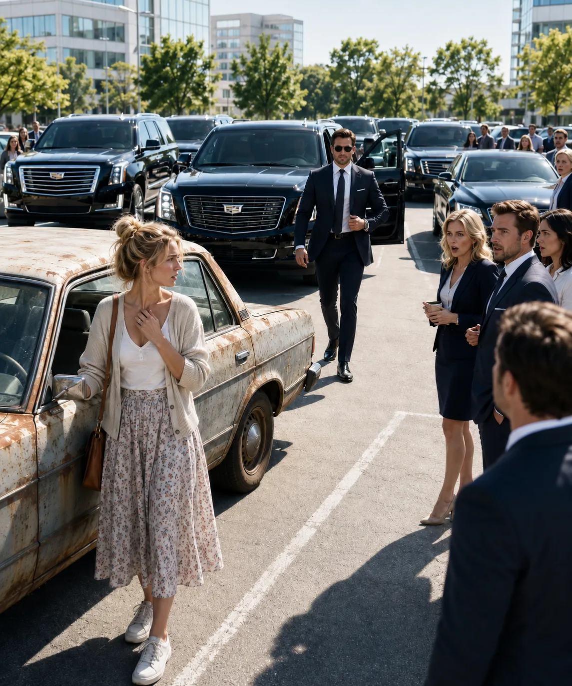 They Laughed at Her Rusty Car Every Morning—Until Her Fiancé Arrived With a Fleet That Silenced the Entire Parking Lot