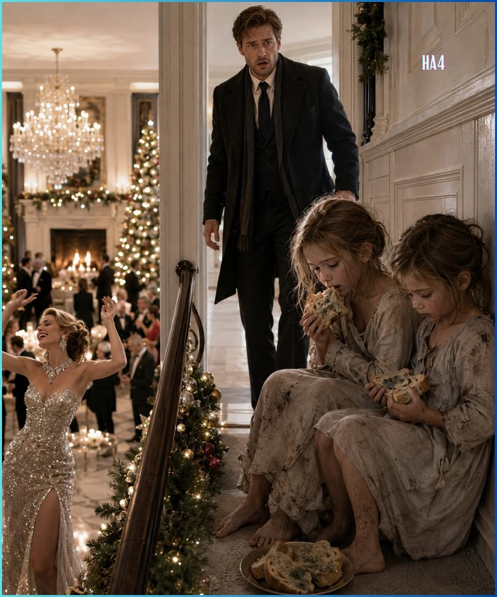THE MILLIONAIRE CAME HOME FOR CHRISTMAS AND FOUND HIS FOUR LITTLE DAUGHTERS EATING MOLDY BREAD—WHILE HIS NEW WIFE DANCED DOWNSTAIRS COVERED IN DIAMONDS