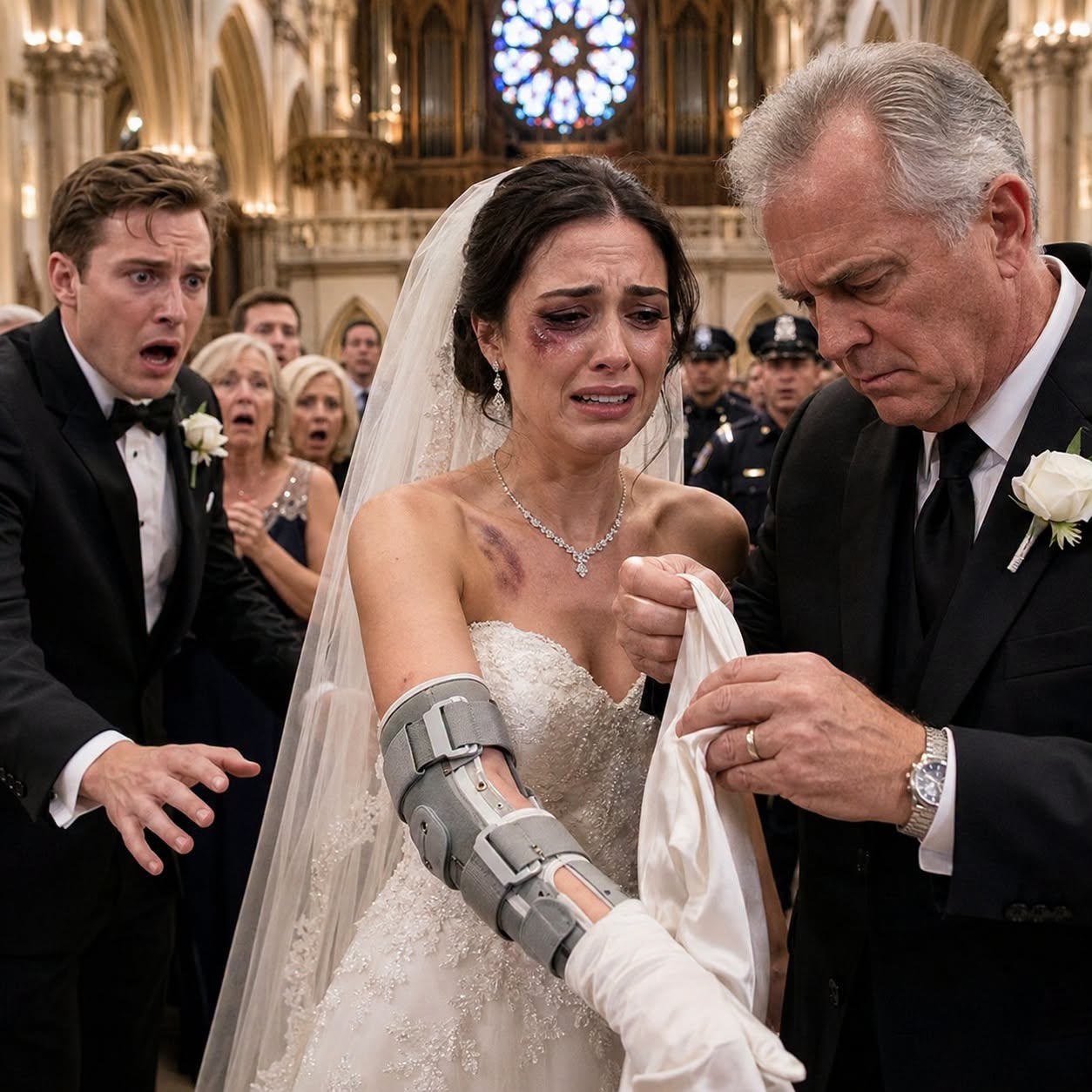 MY DAUGHTER CAME TO THE ALTAR WEARING LONG GLOVES IN JULY—WHEN I FELT THE MEDICAL BRACE BENEATH THEM, HER FIANCÉ WHISPERED, “SAY NOTHING.”