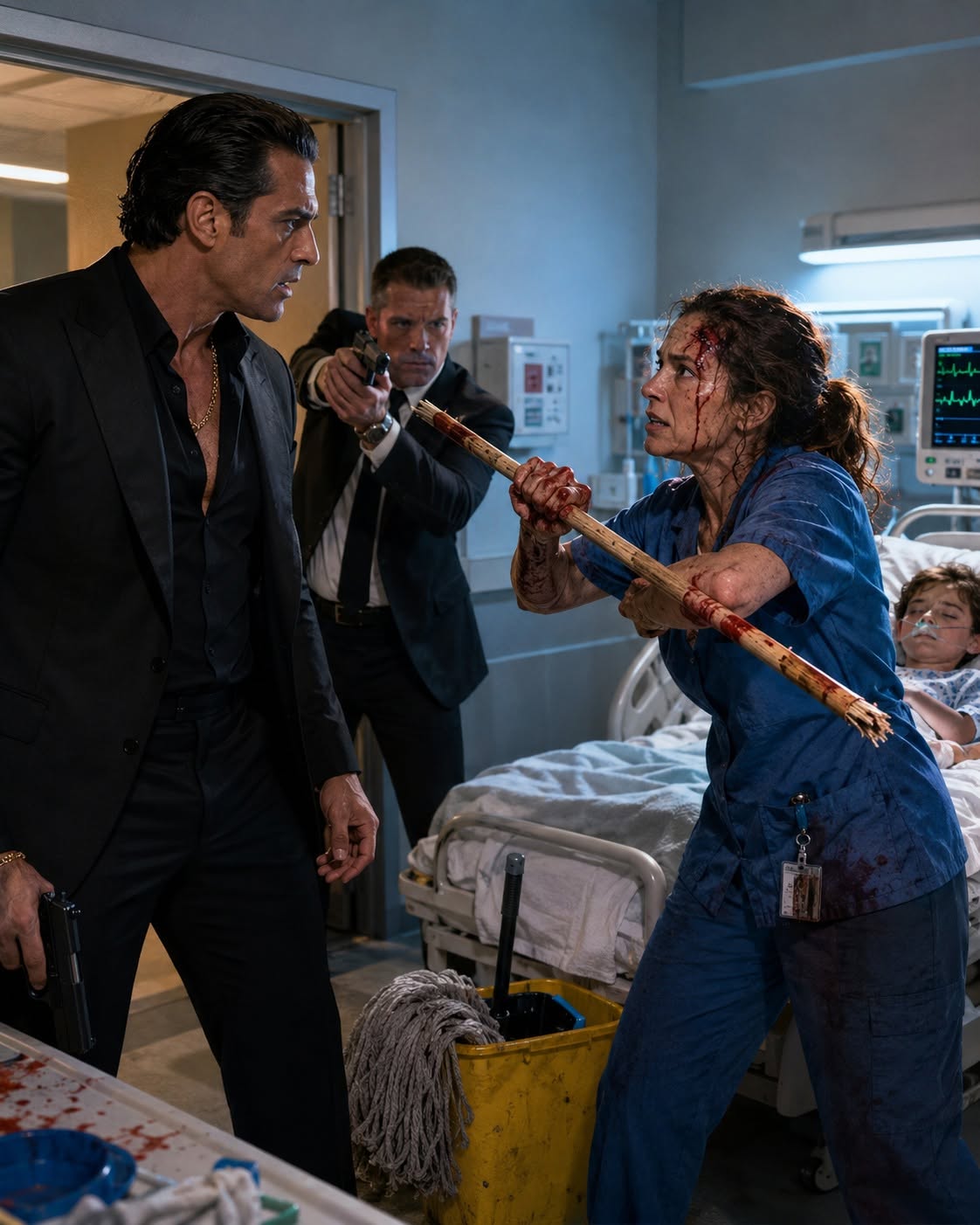 THE MAFIA BOSS STORMED INTO THE HOSPITAL TO SAVE HIS SON—THEN FOUND A BLEEDING CLEANING LADY GUARDING HIM