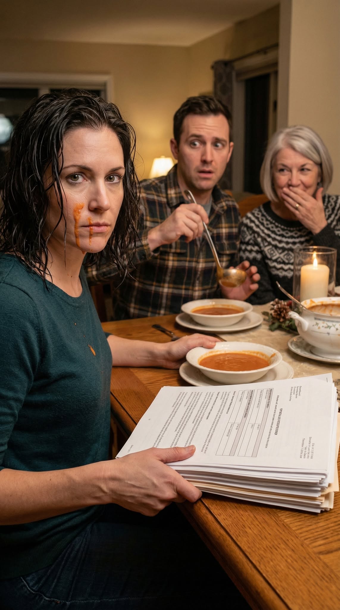 My husband poured a bowl of hot soup over my head—and then I placed his forgeries on the table, the very things that could ruin his entire life.