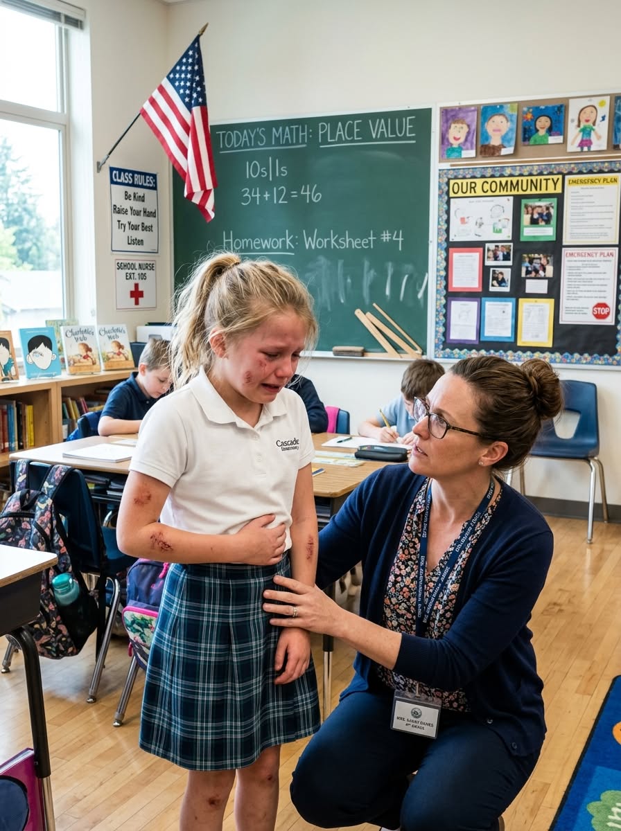 MY 7-YEAR-OLD STUDENT COLLAPSED IN MY ARMS COVERED IN BRUISES—THEN THREE CLASSMATES WALKED IN, AND SHE GRABBED ME IN TERROR.
