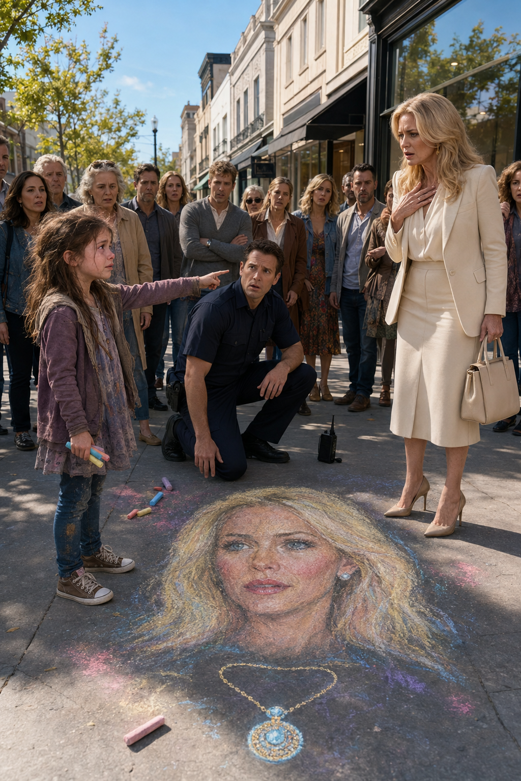 THE RICH WOMAN CRUSHED THE LITTLE GIRL’S CHALK DRAWING BENEATH HER HEEL AND SNEERED, “CLEAN UP THIS MESS”—THEN THE CROWD SAW WHAT THE CHILD HAD DRAWN
