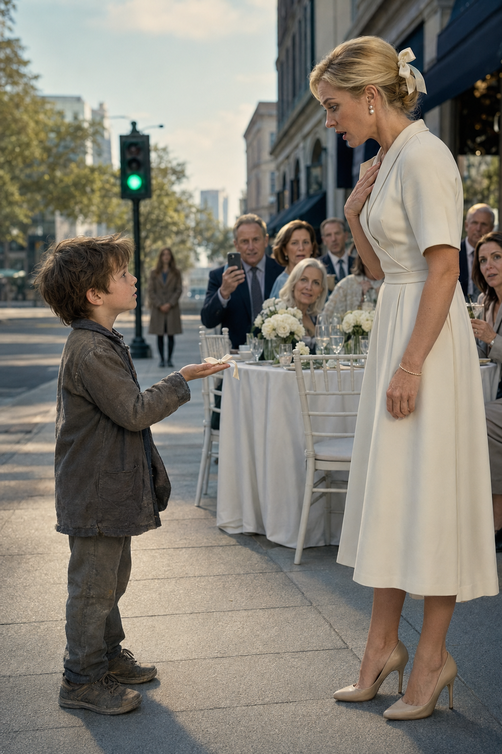 SHE HUMILIATED A BAREFOOT BOY AT A CHARITY LUNCHEON—THEN HE PULLED OUT A RIBBON THAT MATCHED HERS AND WHISPERED, “MY MOM SAID I’D FIND YOU HERE